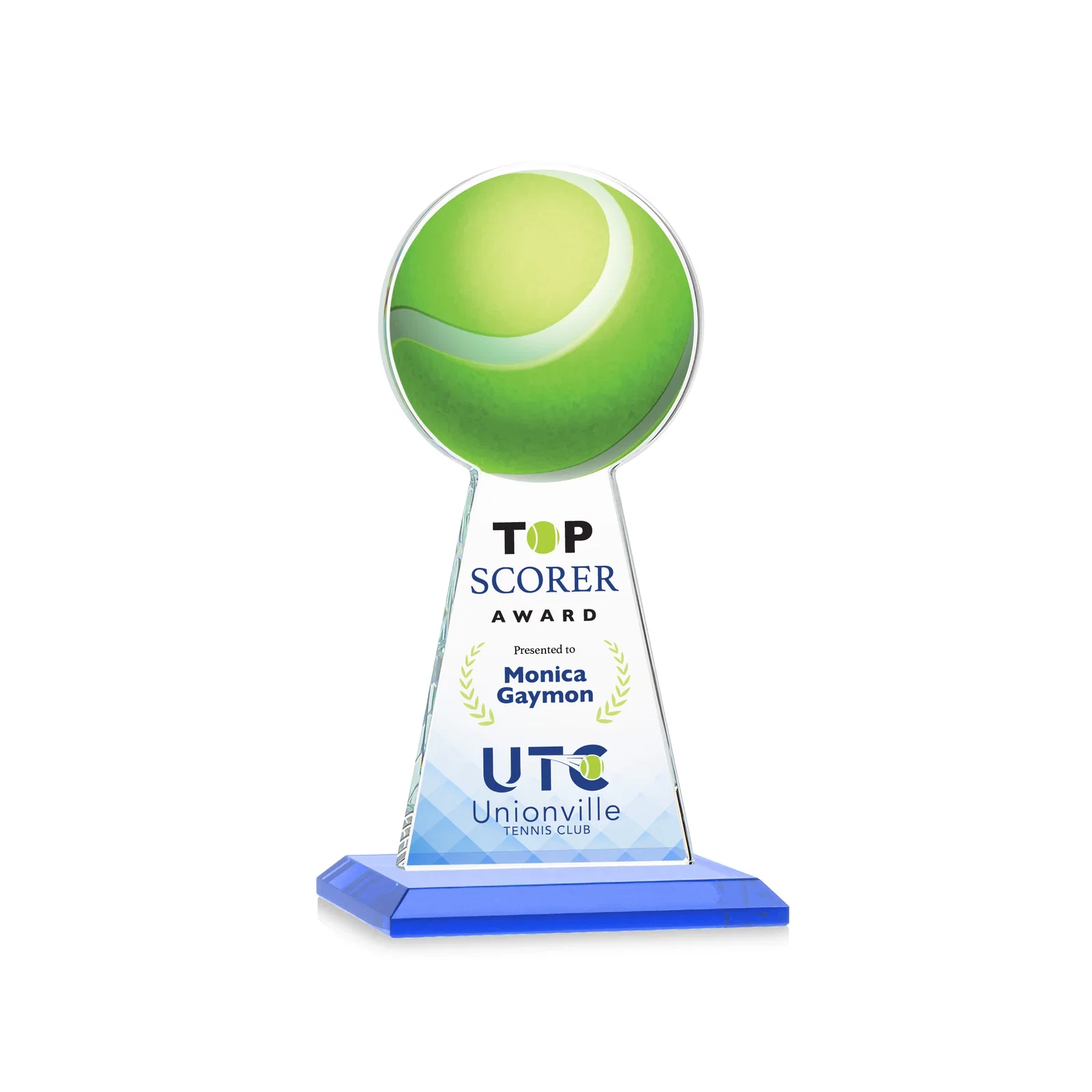 Custom printed Starfire Crystal Award With Tennis Ball Peak for dealer and partner awards
