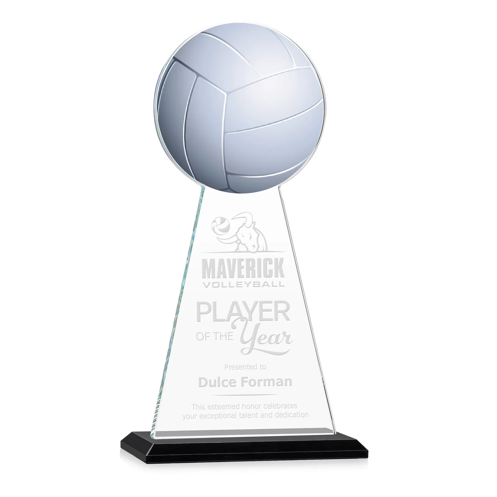 Personalized Starfire Crystal Award With Volleyball Peak for retirement presentations