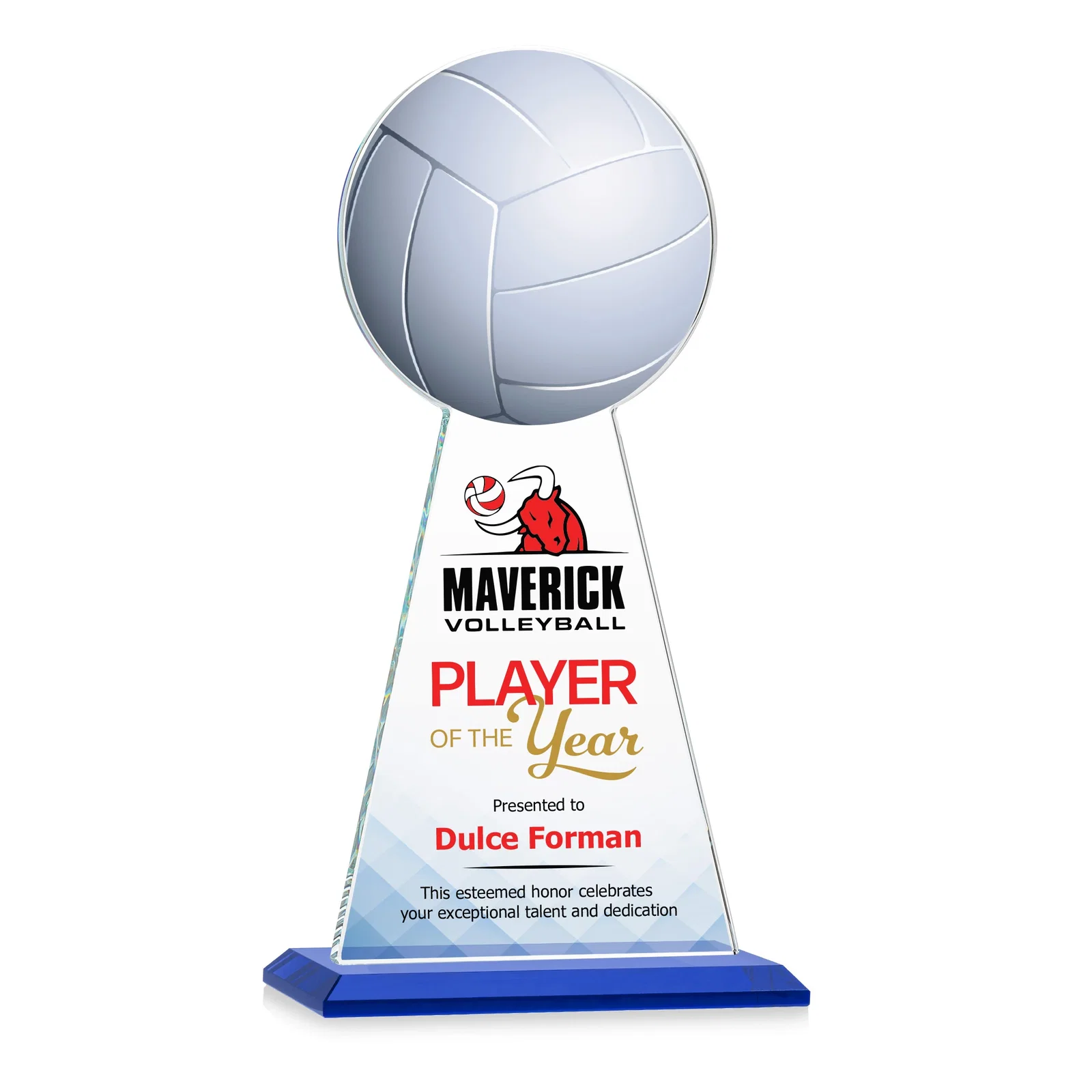 Custom printed Starfire Crystal Award With Volleyball Peak for retirement presentations