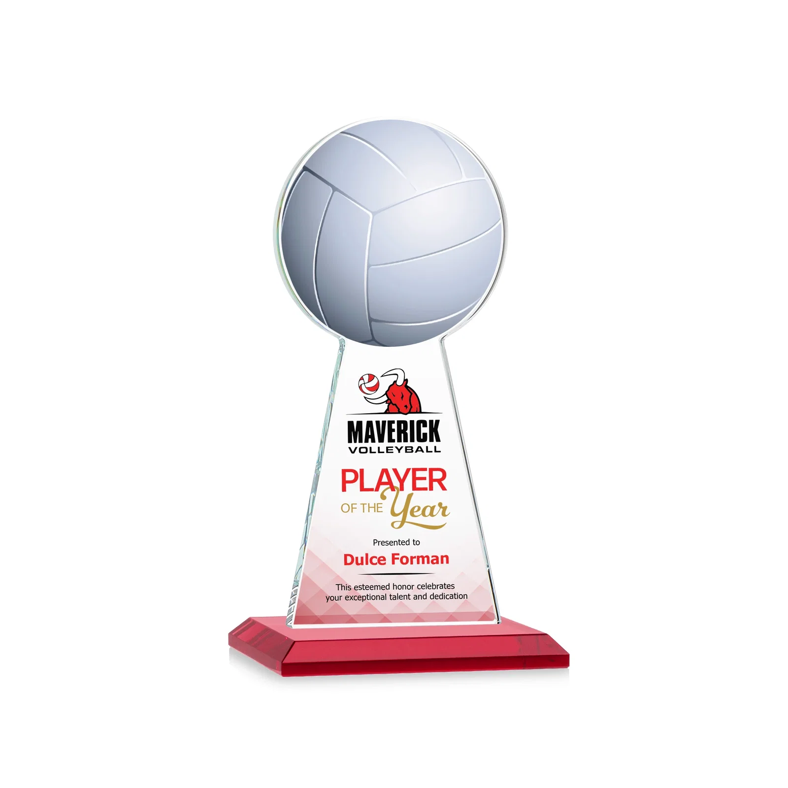 Custom printed Starfire Crystal Award With Volleyball Peak for donor appreciation