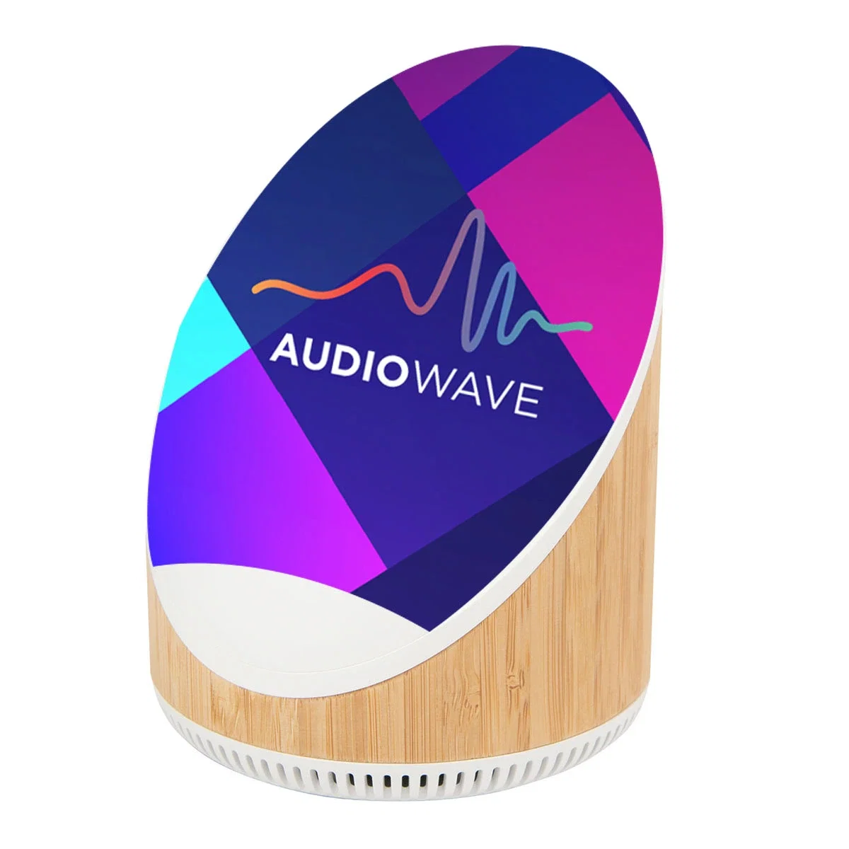 Round bamboo speaker and wireless charger measuring about four inches across
