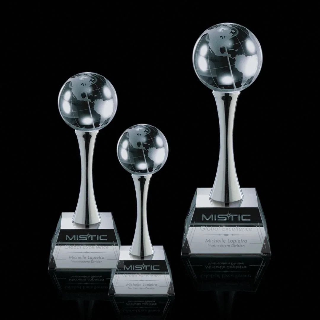 Custom Optical Crystal Globe Award on a Chrome Pedestal for employee recognition