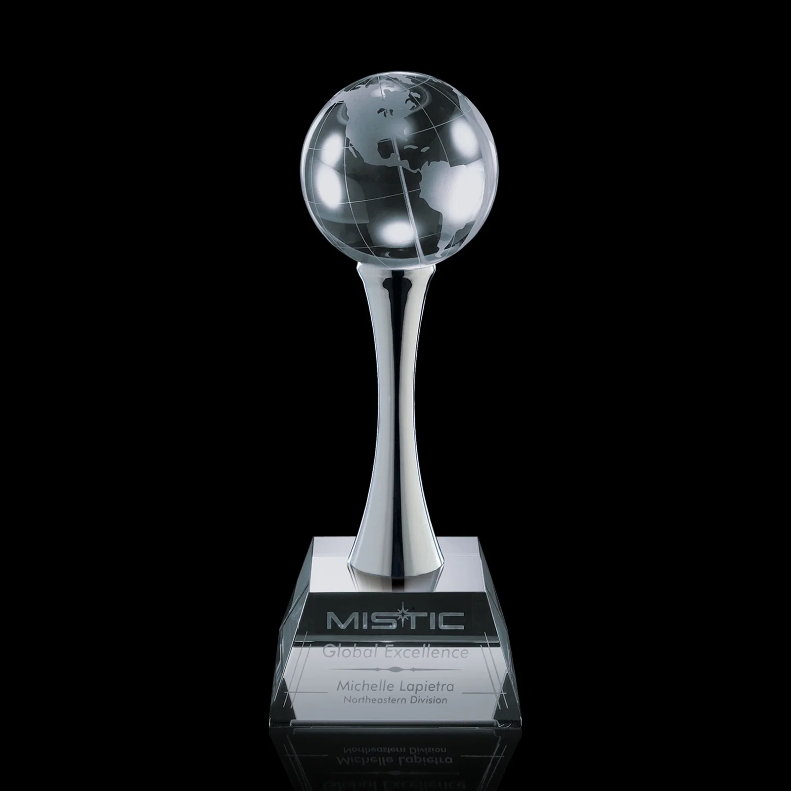 Custom Optical Crystal Globe Award on a Chrome Pedestal for corporate award ceremonies