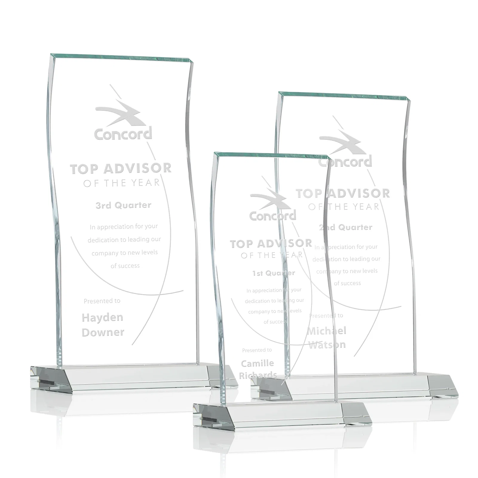 Custom Starfire Crystal Tower Award with Arched Curved Top for employee recognition