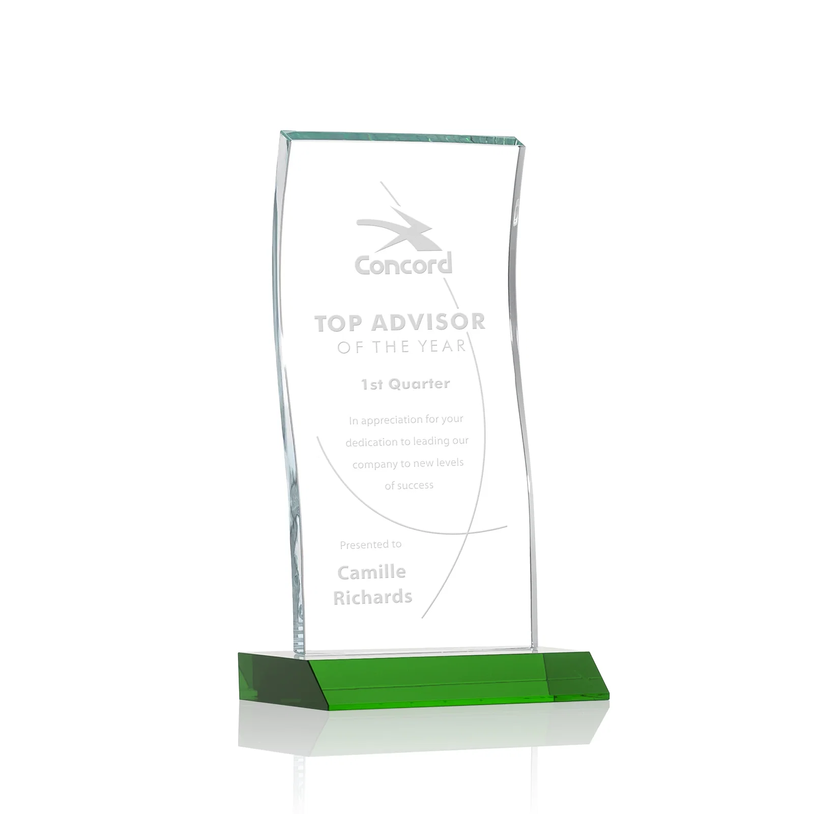 Custom Starfire Crystal Tower Award with Arched Curved Top for volunteer appreciation