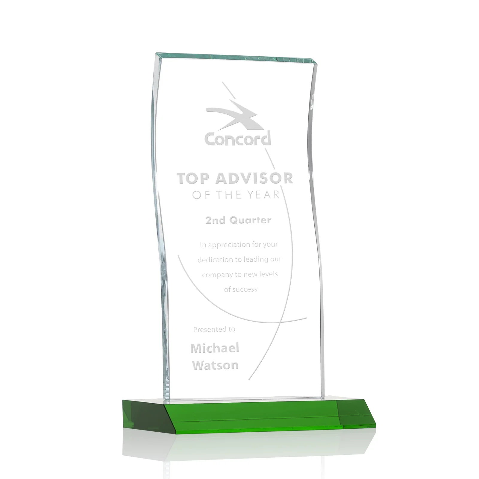 Custom Starfire Crystal Tower Award with Arched Curved Top for dealer and partner awards