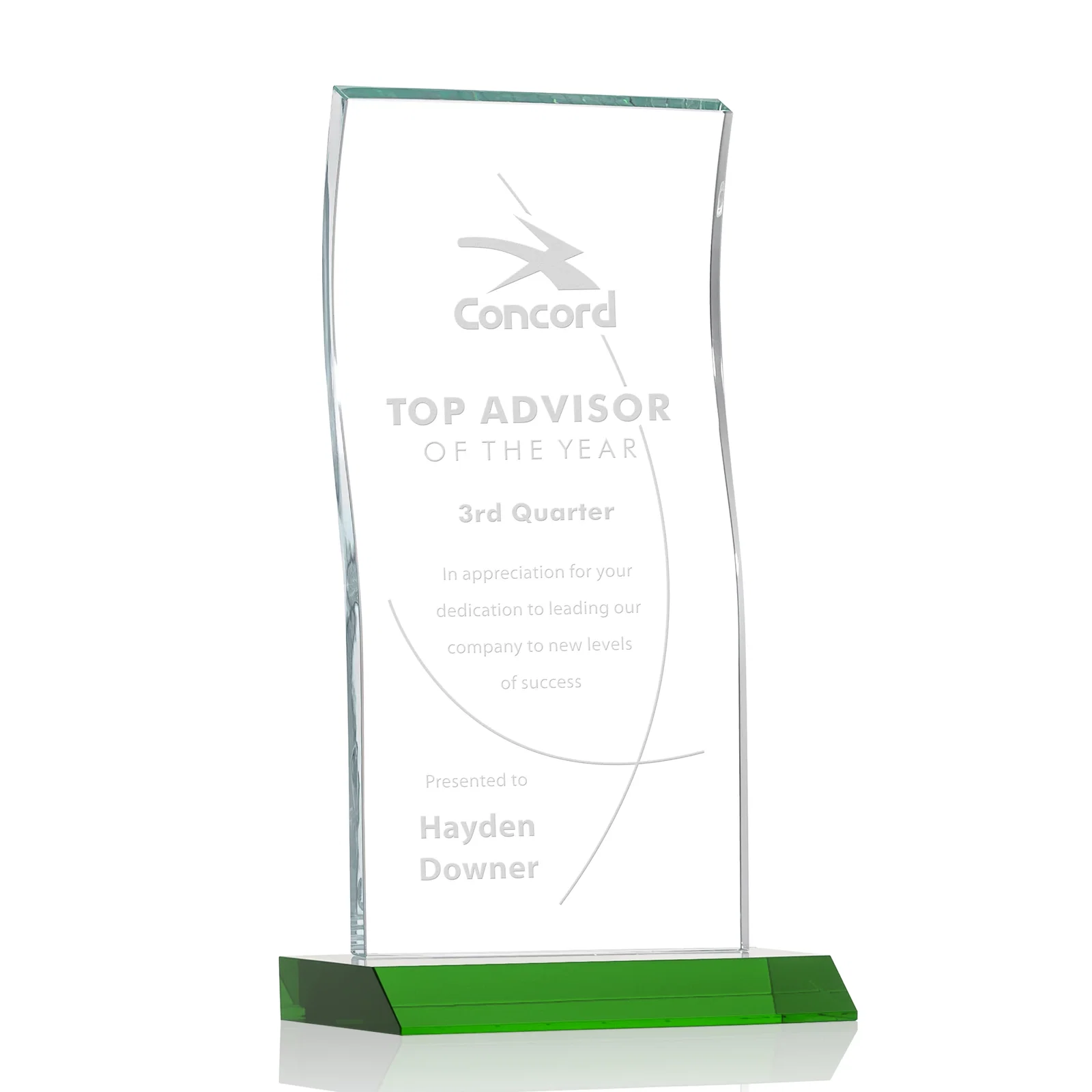 Custom Starfire Crystal Tower Award with Arched Curved Top for company anniversary events