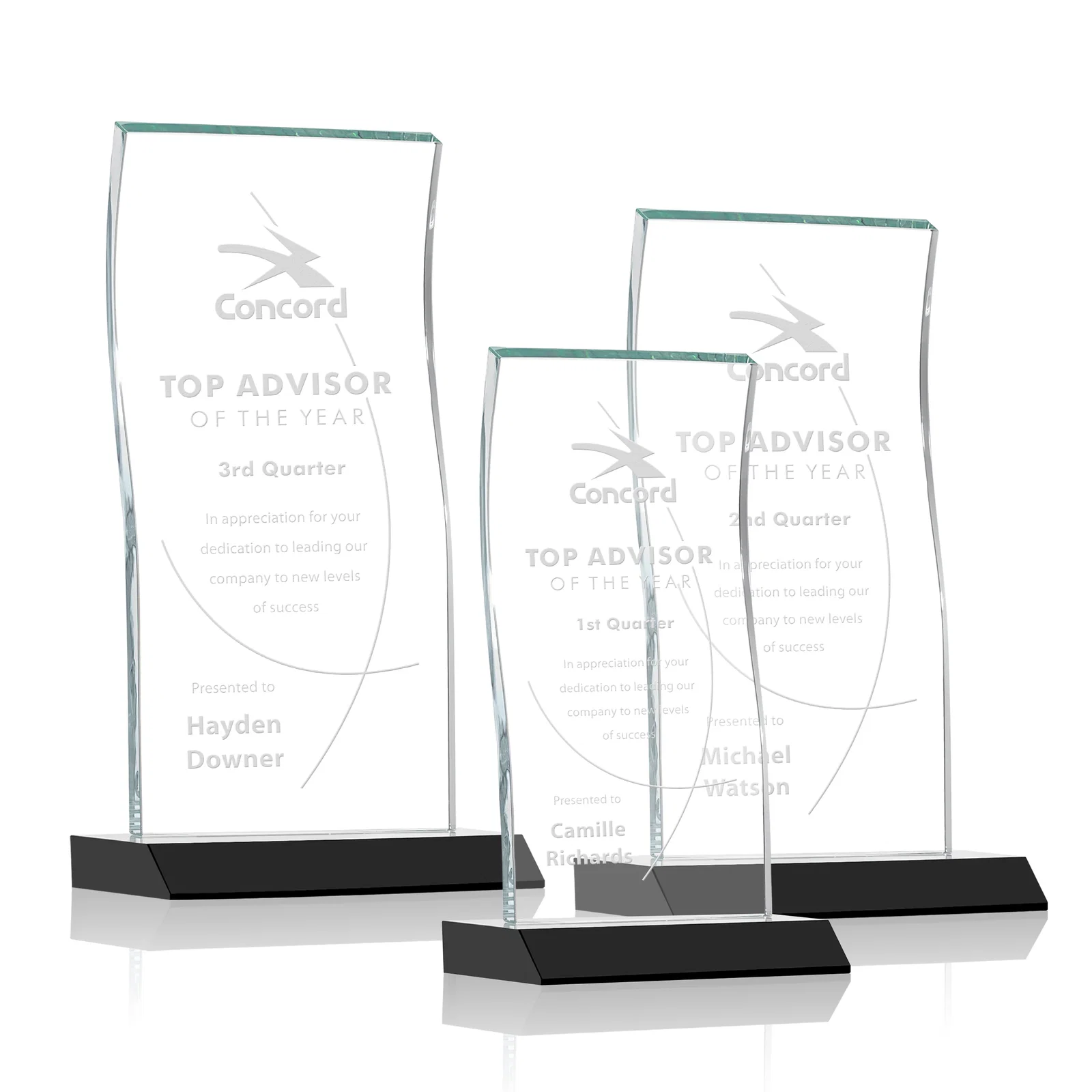 Personalized Starfire Crystal Tower Award with Arched Curved Top for employee recognition