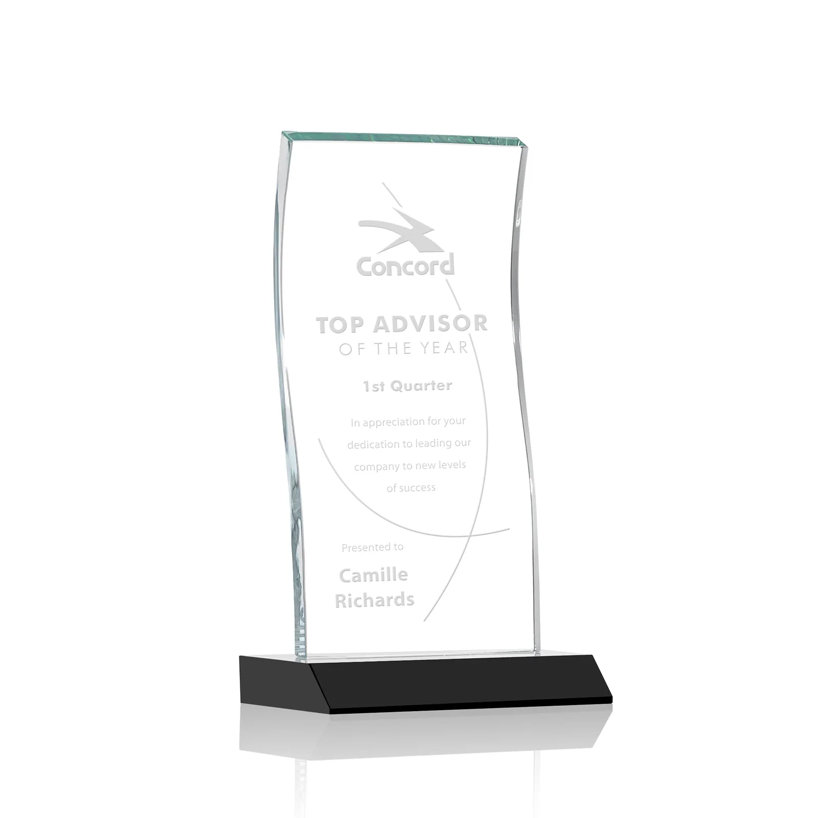 Personalized Starfire Crystal Tower Award with Arched Curved Top for corporate award ceremonies