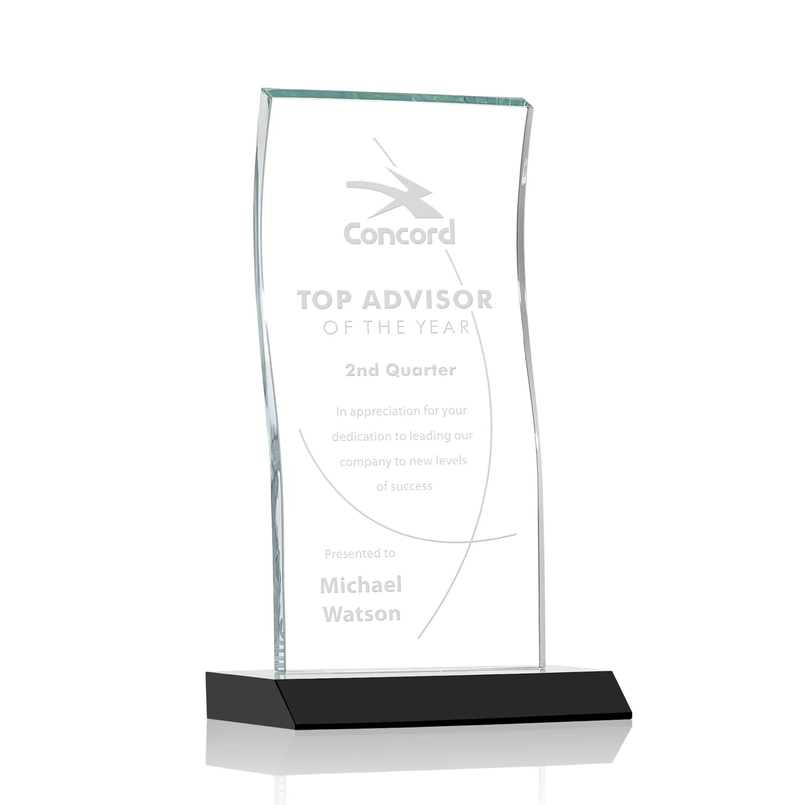 Personalized Starfire Crystal Tower Award with Arched Curved Top for service anniversary gifts