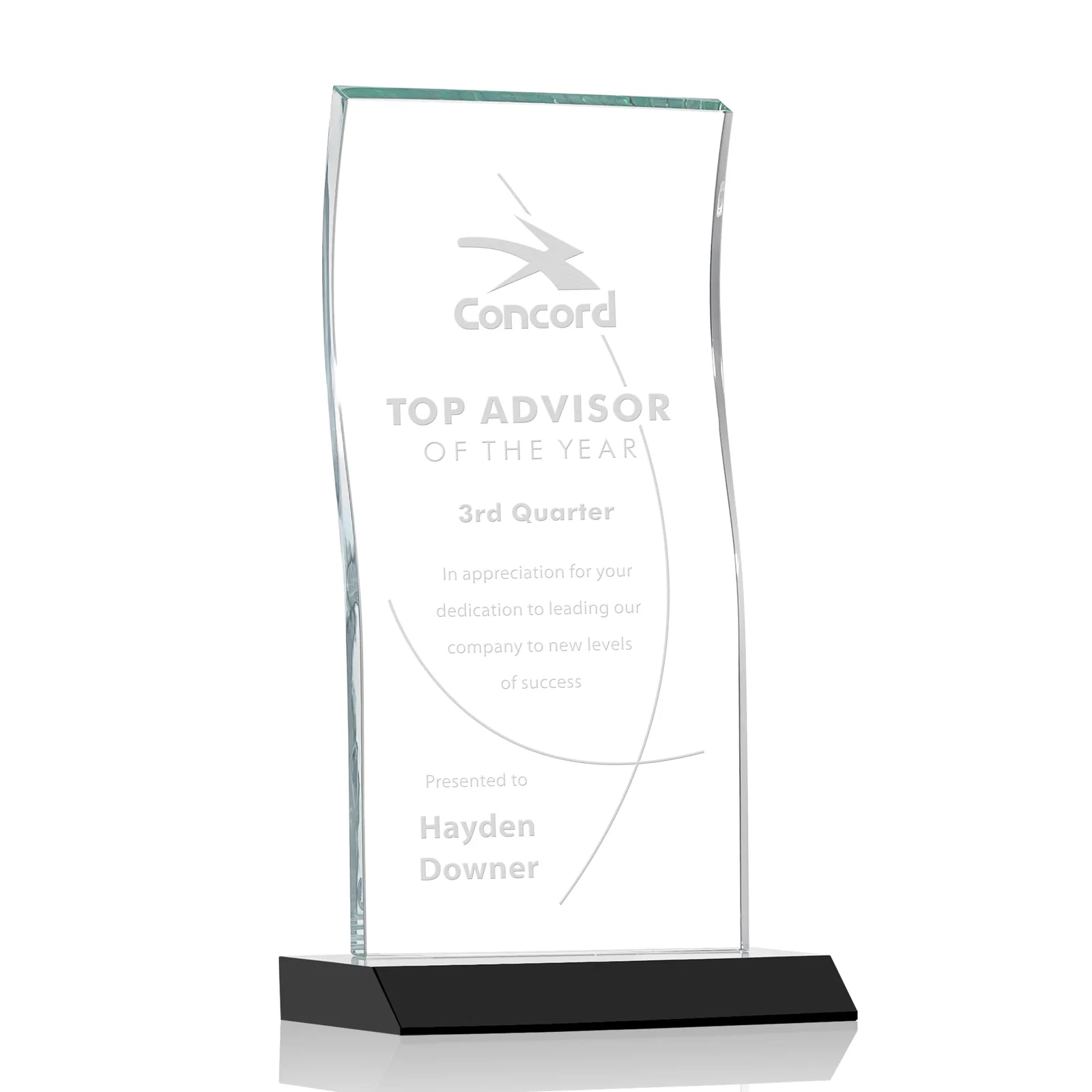 Personalized Starfire Crystal Tower Award with Arched Curved Top for sales achievement awards