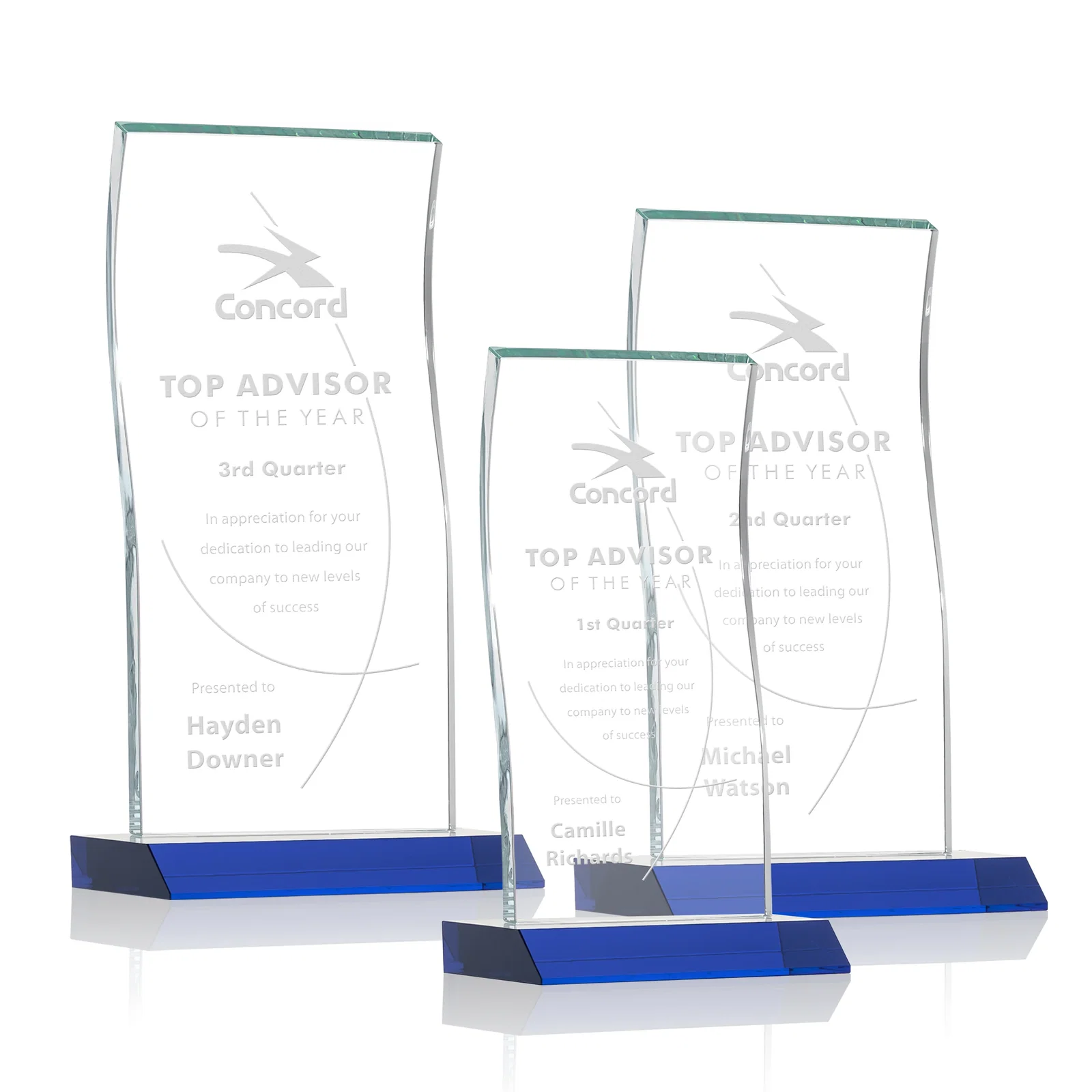 Personalized Starfire Crystal Tower Award with Arched Curved Top for retirement presentations