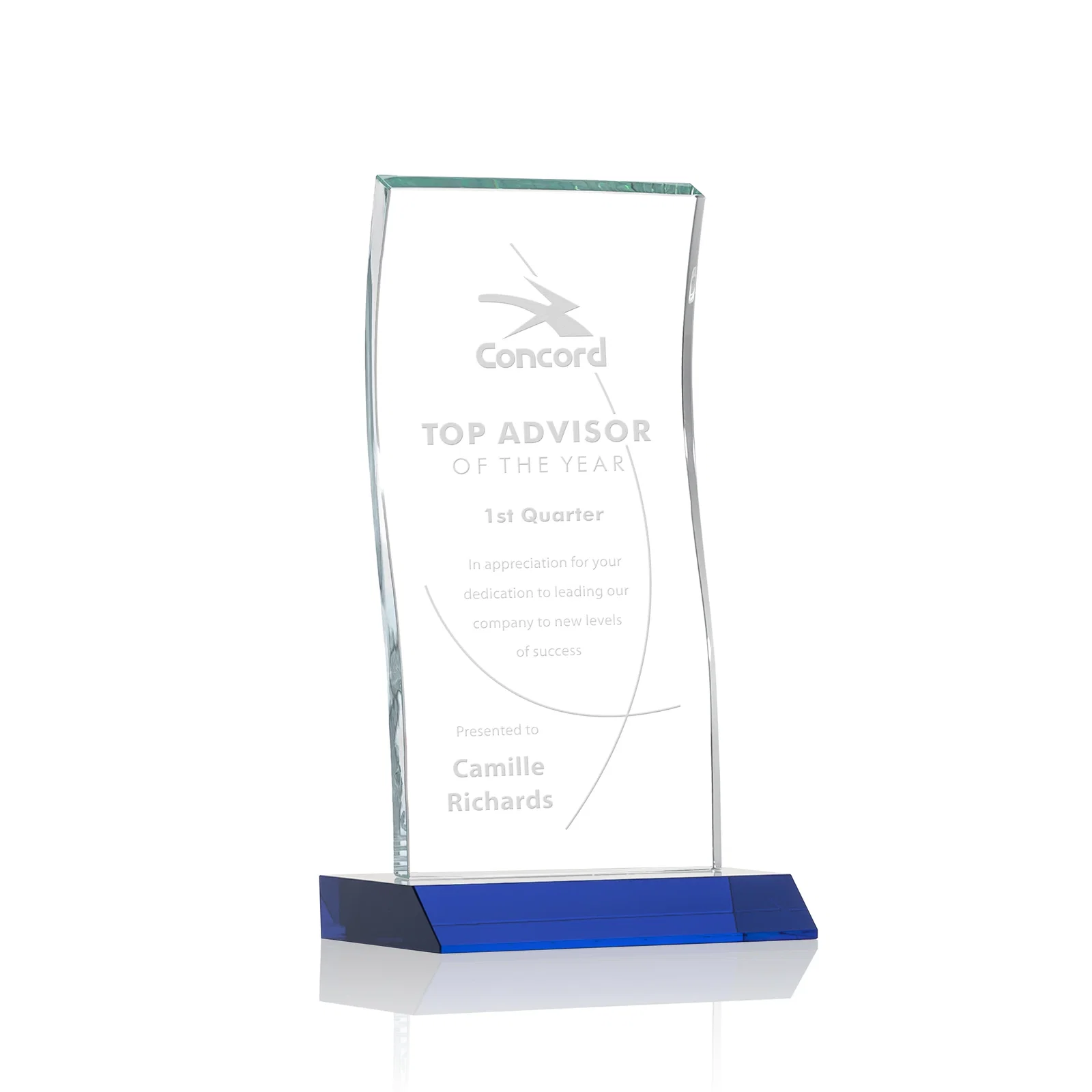 Personalized Starfire Crystal Tower Award with Arched Curved Top for team milestone celebrations