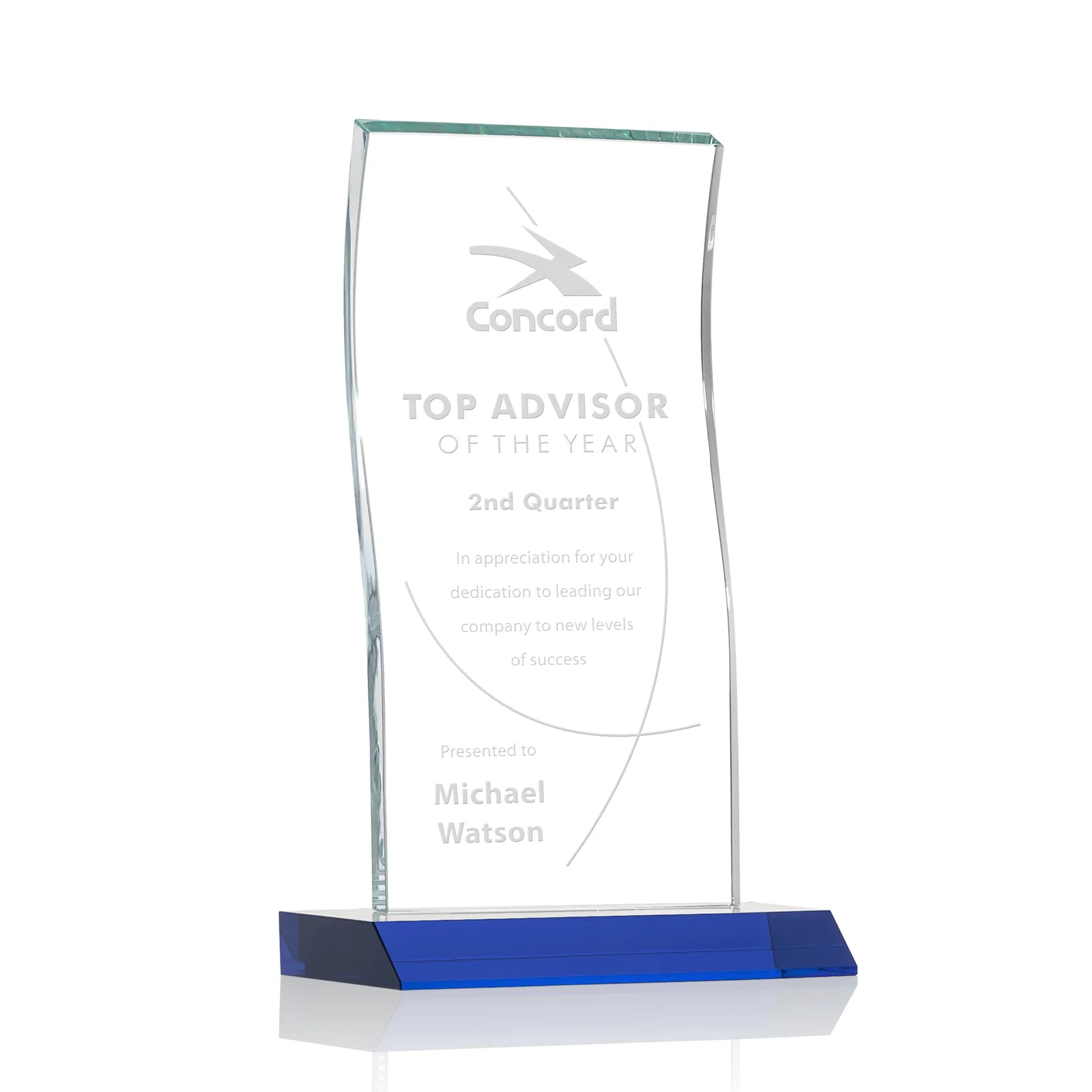 Personalized Starfire Crystal Tower Award with Arched Curved Top for donor appreciation