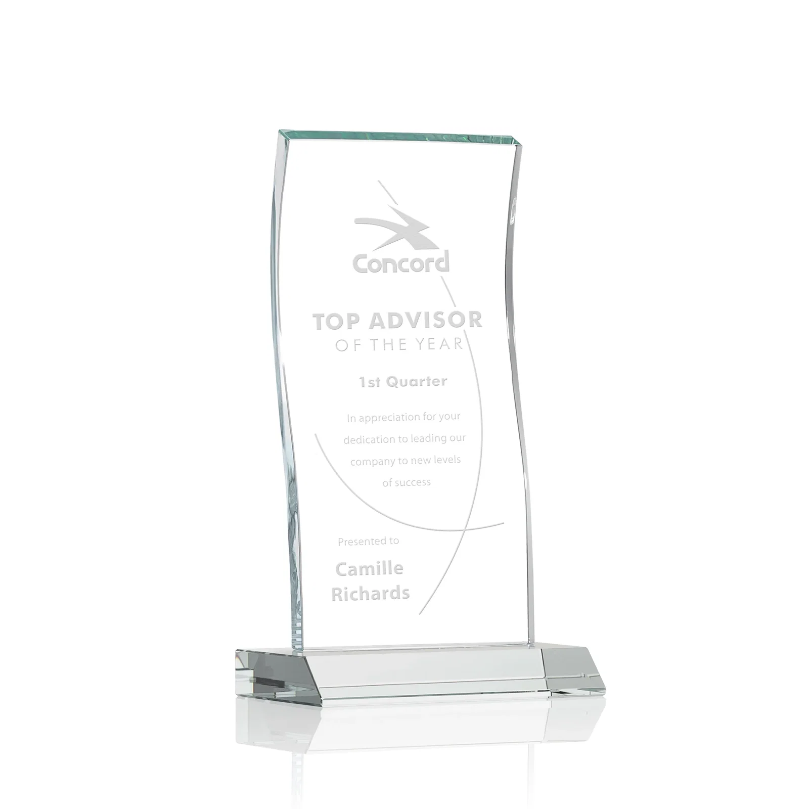 Custom Starfire Crystal Tower Award with Arched Curved Top for corporate award ceremonies