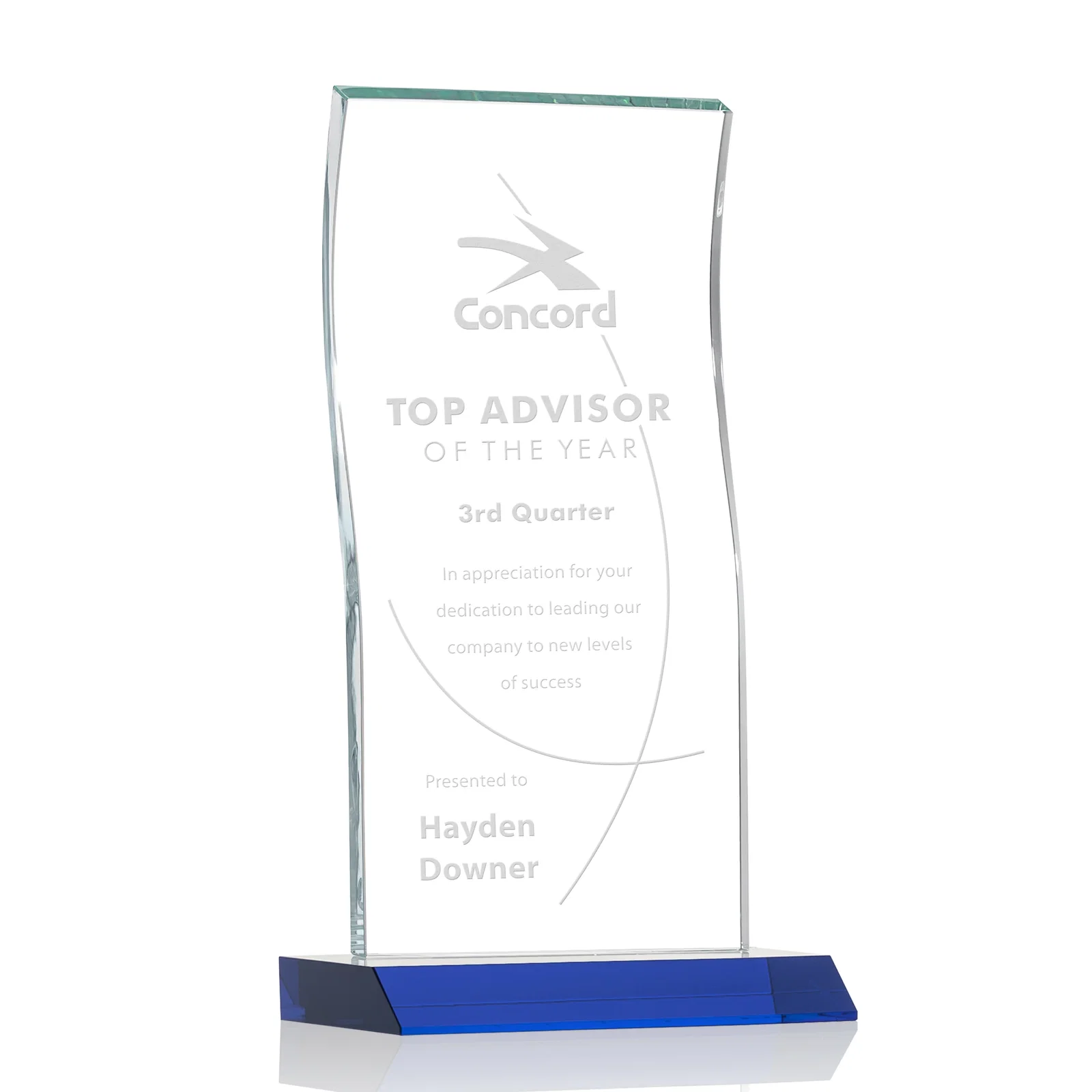 Personalized Starfire Crystal Tower Award with Arched Curved Top for graduation ceremonies