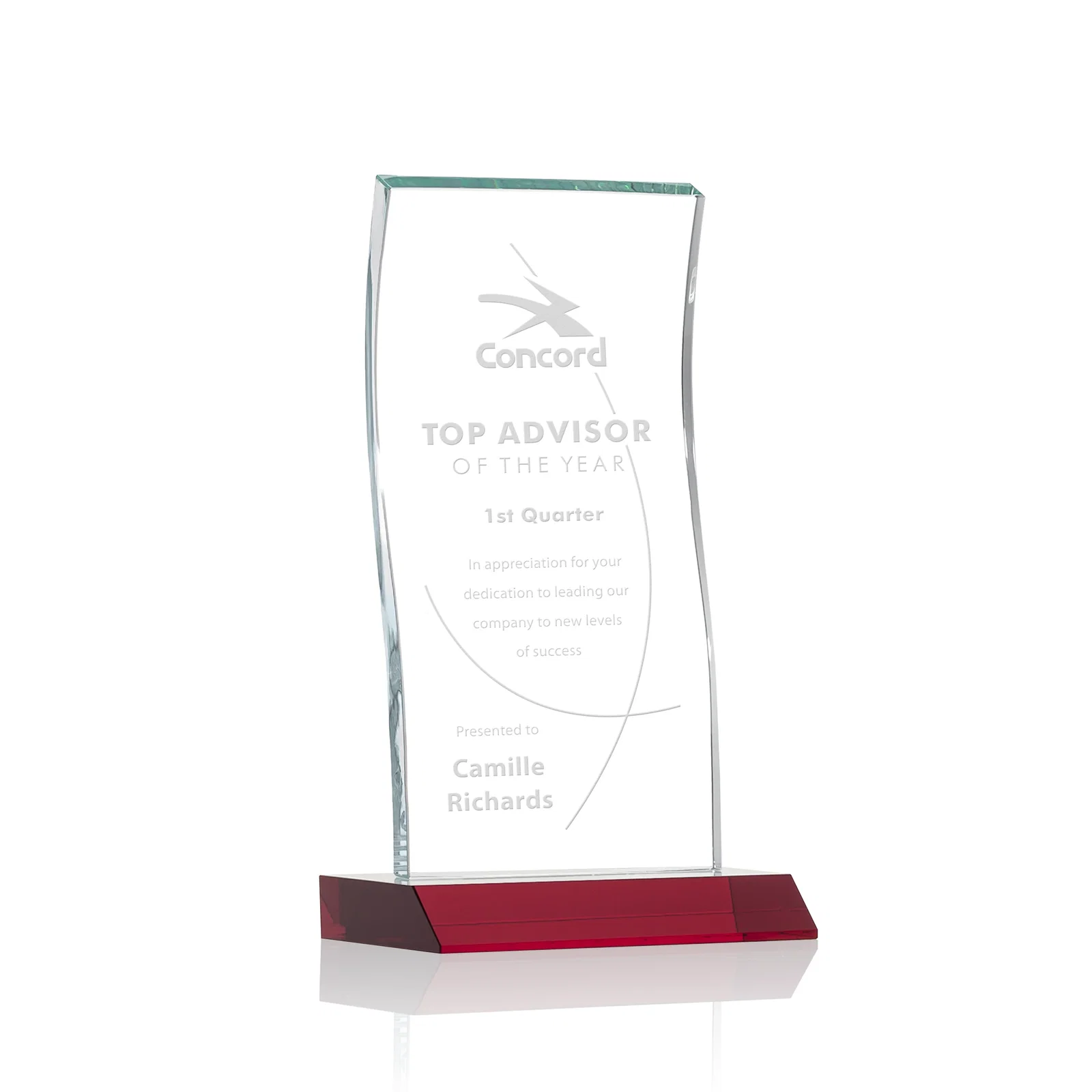Personalized Starfire Crystal Tower Award with Arched Curved Top for volunteer appreciation