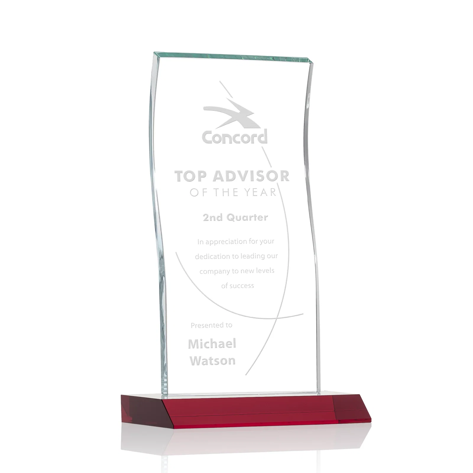 Personalized Starfire Crystal Tower Award with Arched Curved Top for dealer and partner awards