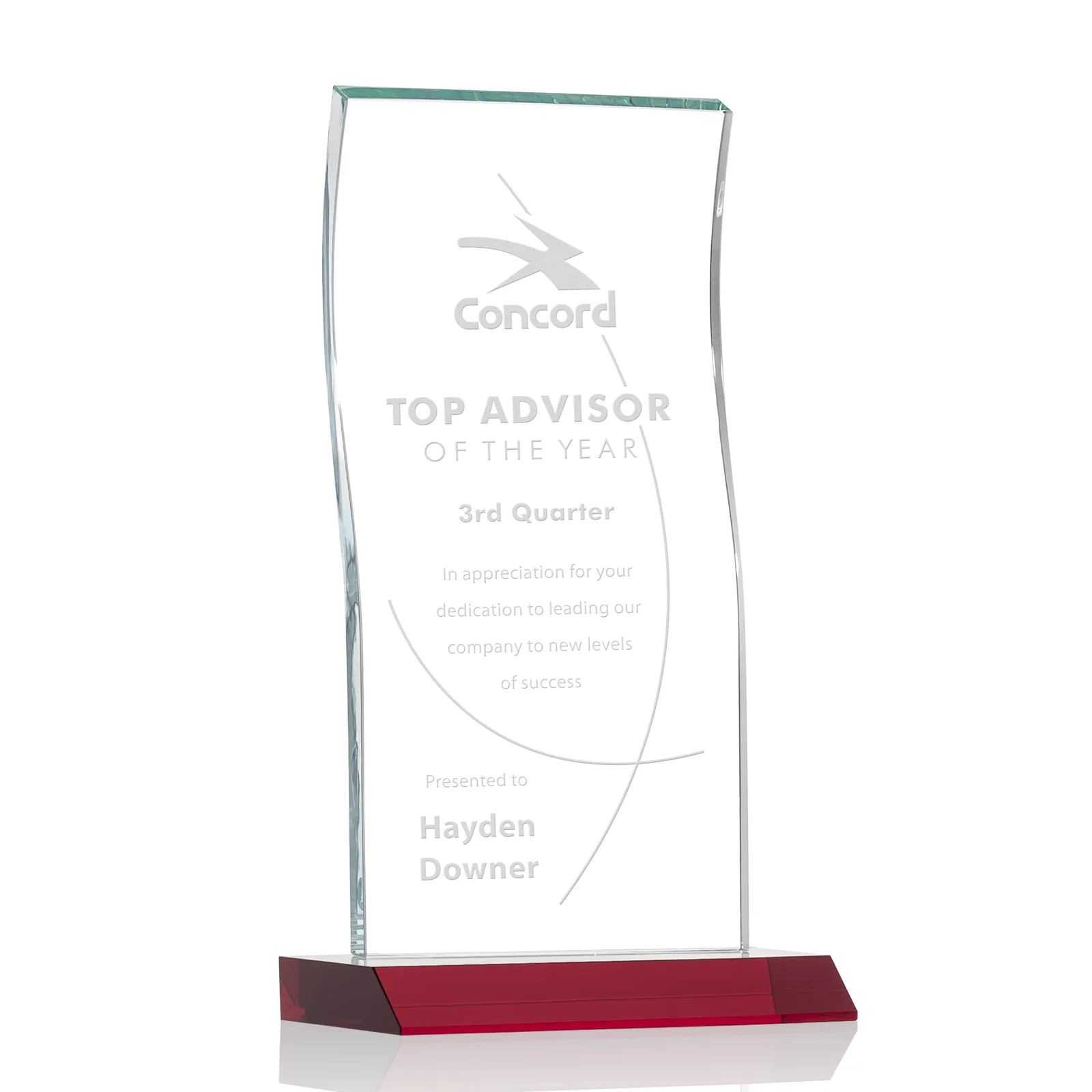 Personalized Starfire Crystal Tower Award with Arched Curved Top for company anniversary events