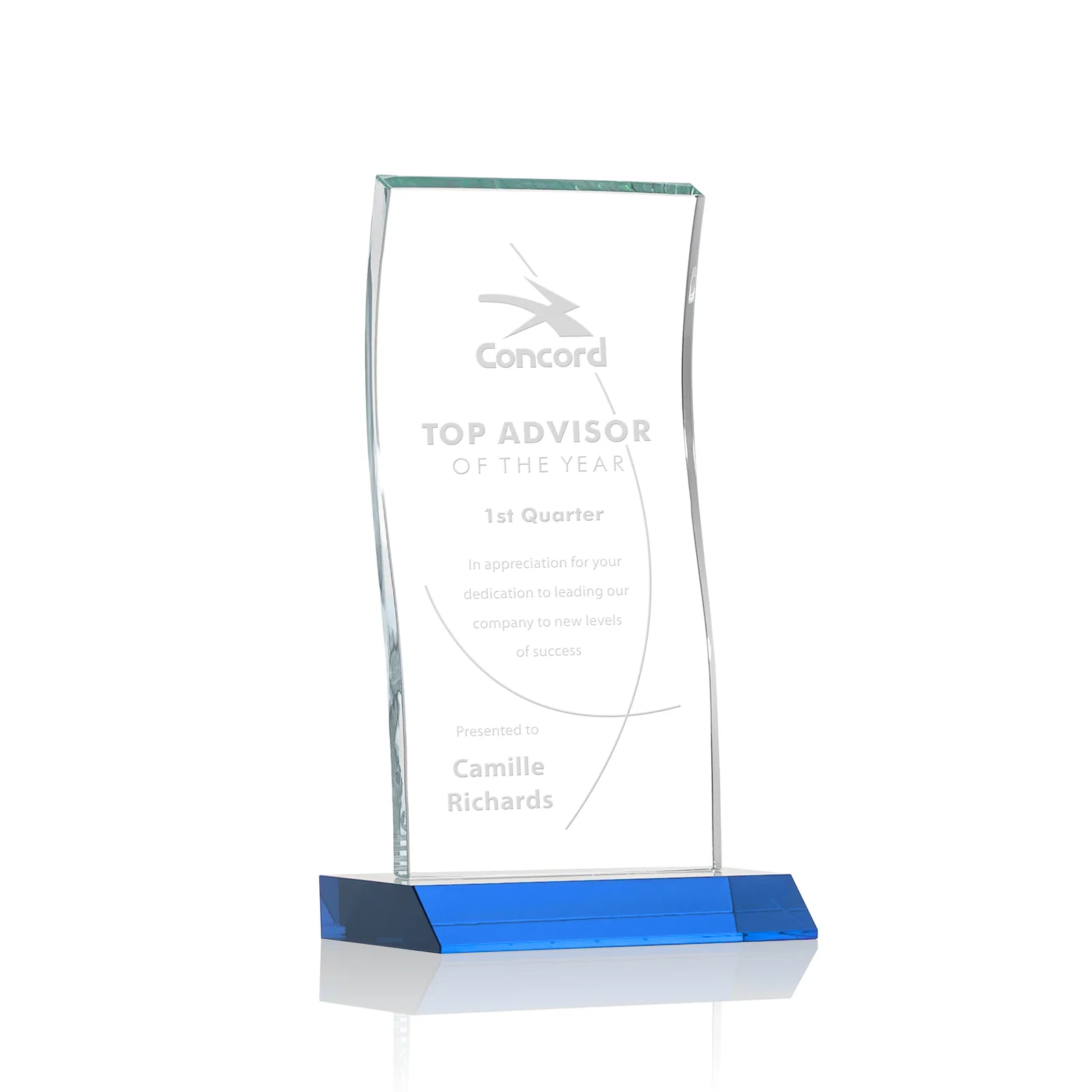 Promotional Starfire Crystal Tower Award with Arched Curved Top for corporate award ceremonies