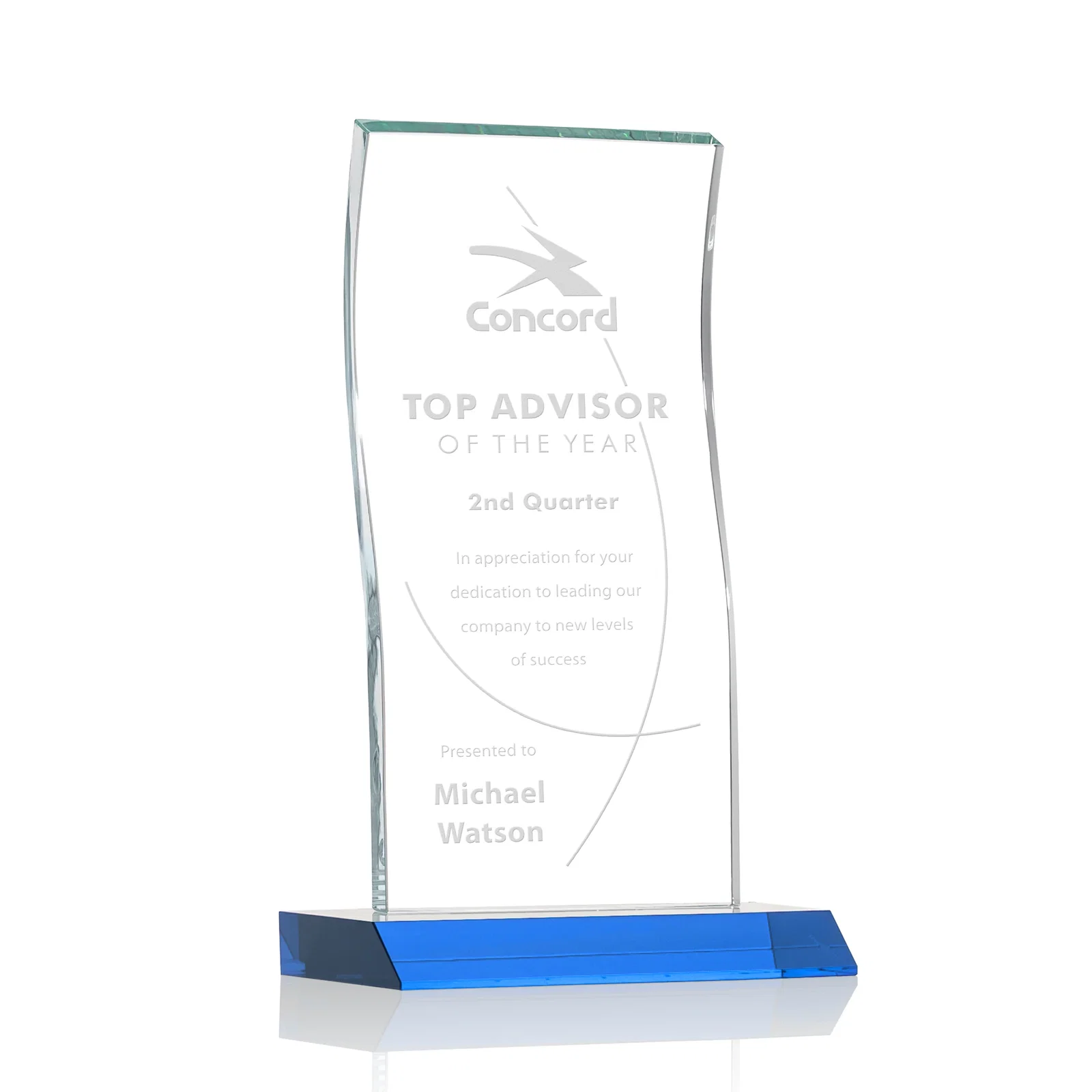 Promotional Starfire Crystal Tower Award with Arched Curved Top for service anniversary gifts