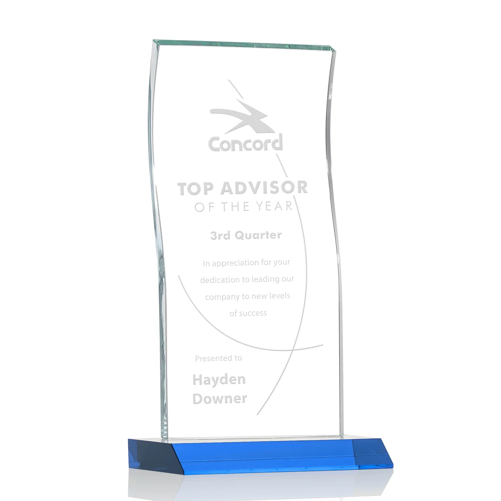Promotional Starfire Crystal Tower Award with Arched Curved Top for sales achievement awards