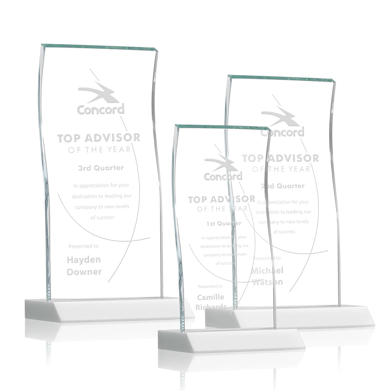 Promotional Starfire Crystal Tower Award with Arched Curved Top for retirement presentations
