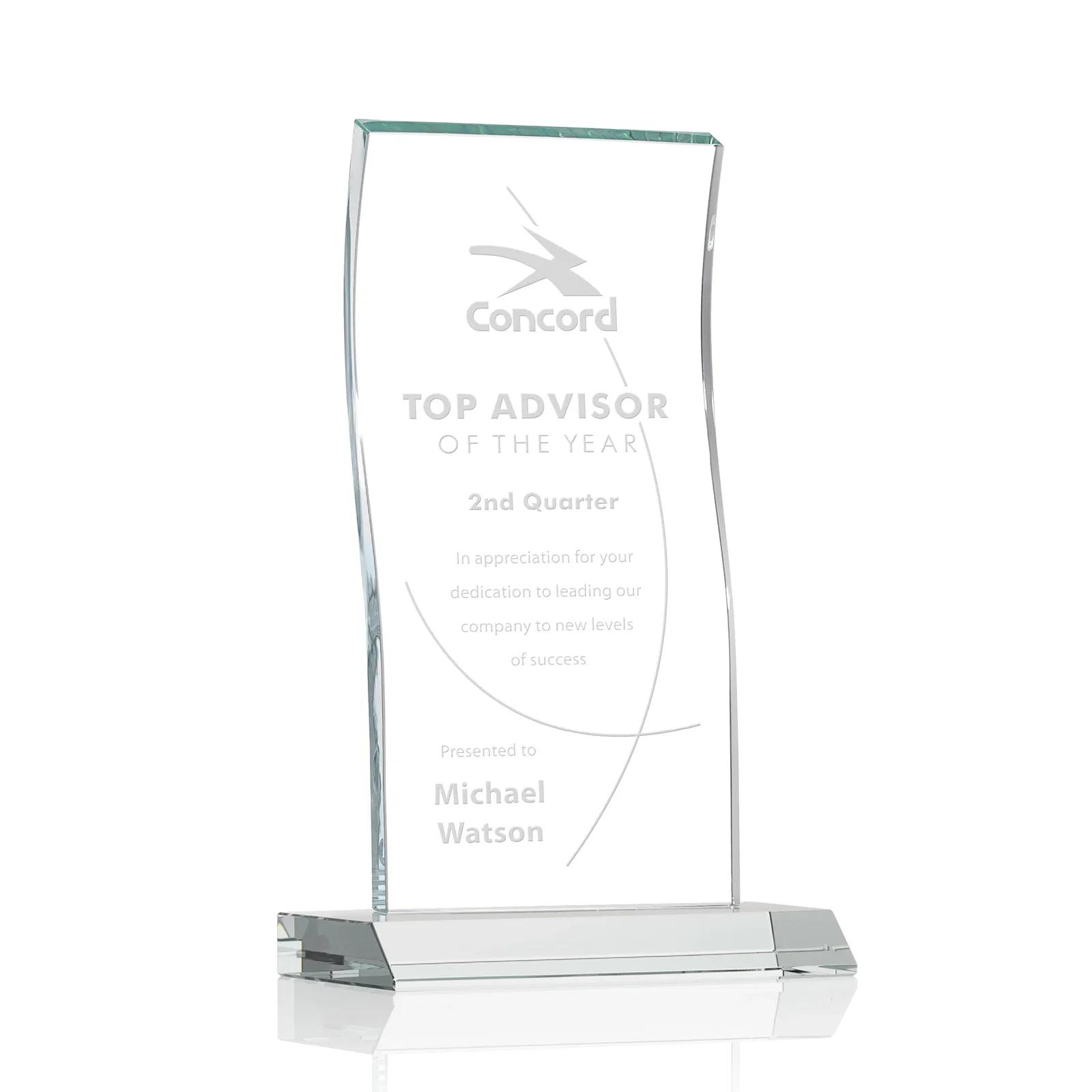 Custom Starfire Crystal Tower Award with Arched Curved Top for service anniversary gifts