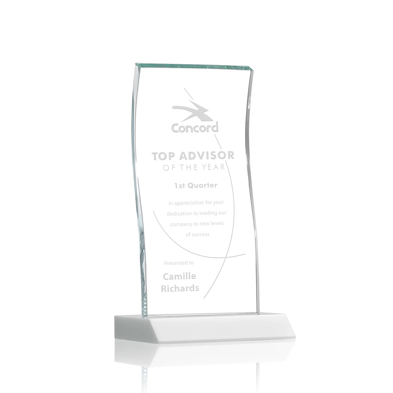 Promotional Starfire Crystal Tower Award with Arched Curved Top for team milestone celebrations
