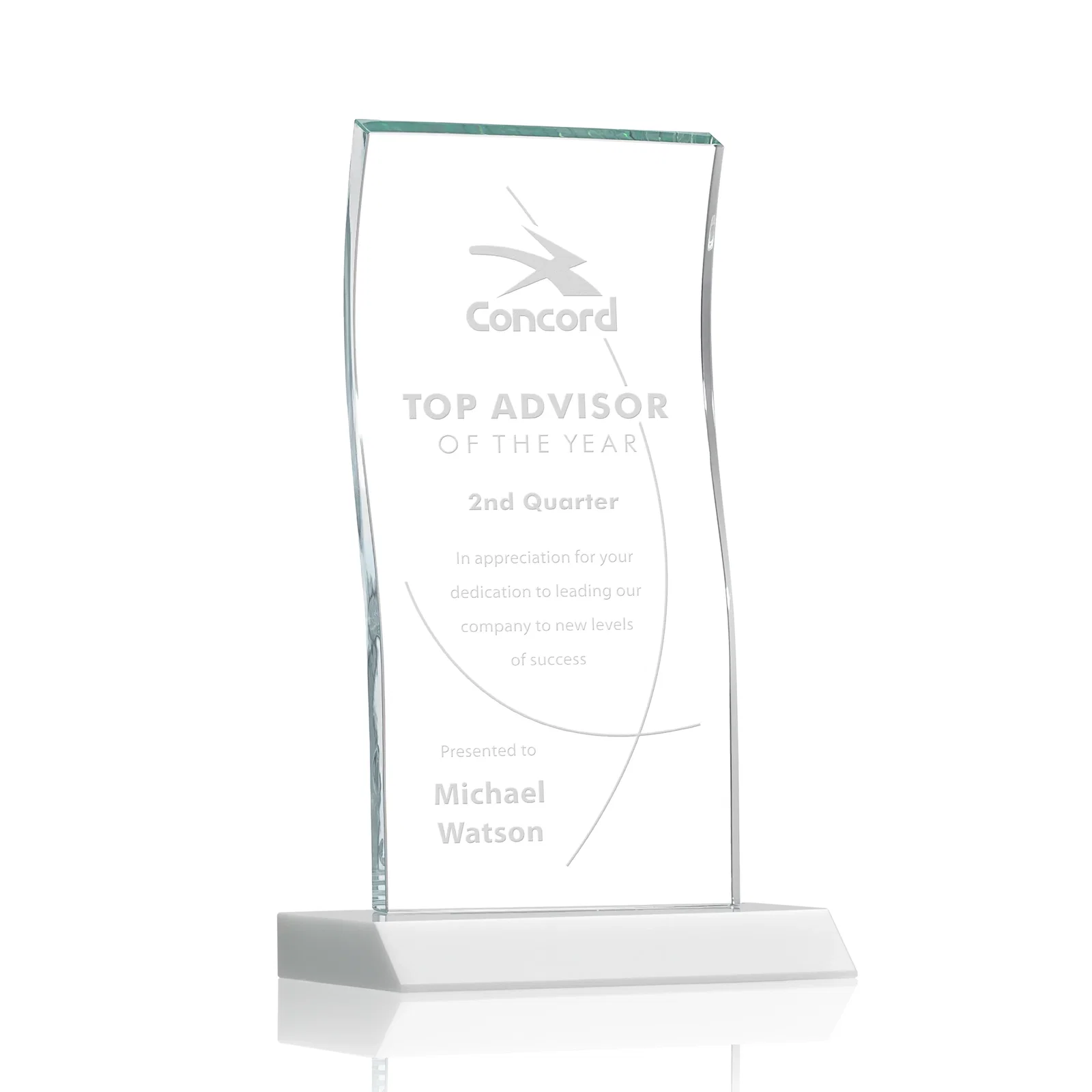 Promotional Starfire Crystal Tower Award with Arched Curved Top for donor appreciation