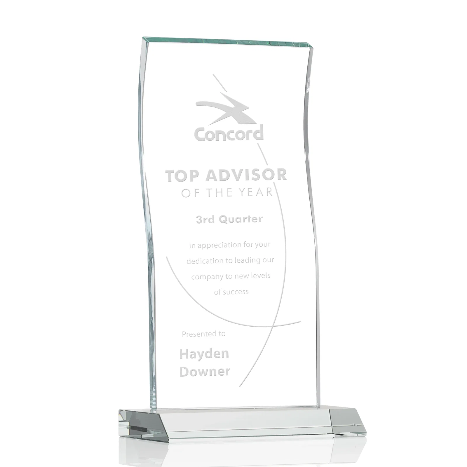 Custom Starfire Crystal Tower Award with Arched Curved Top for sales achievement awards