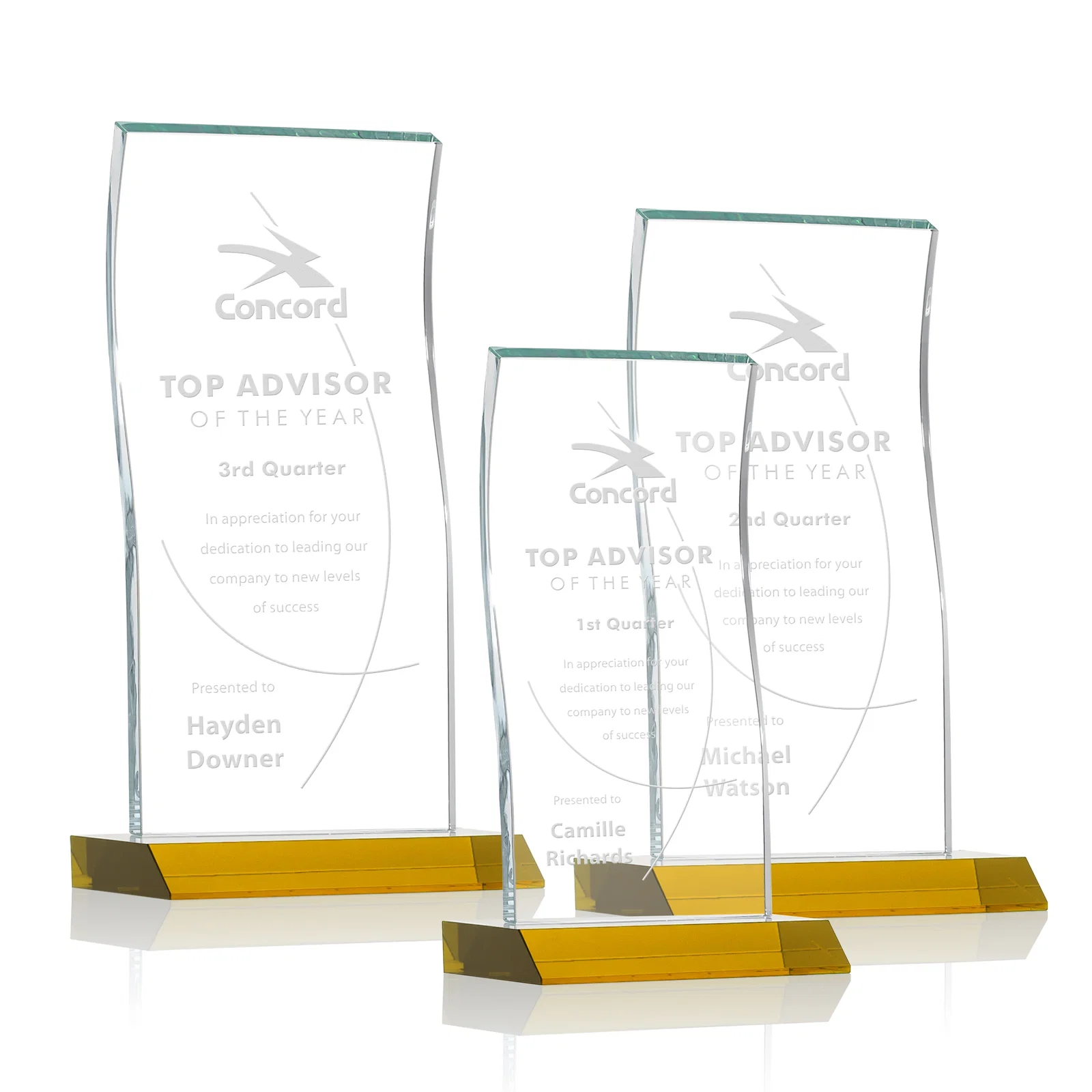 Custom Starfire Crystal Tower Award with Arched Curved Top for retirement presentations