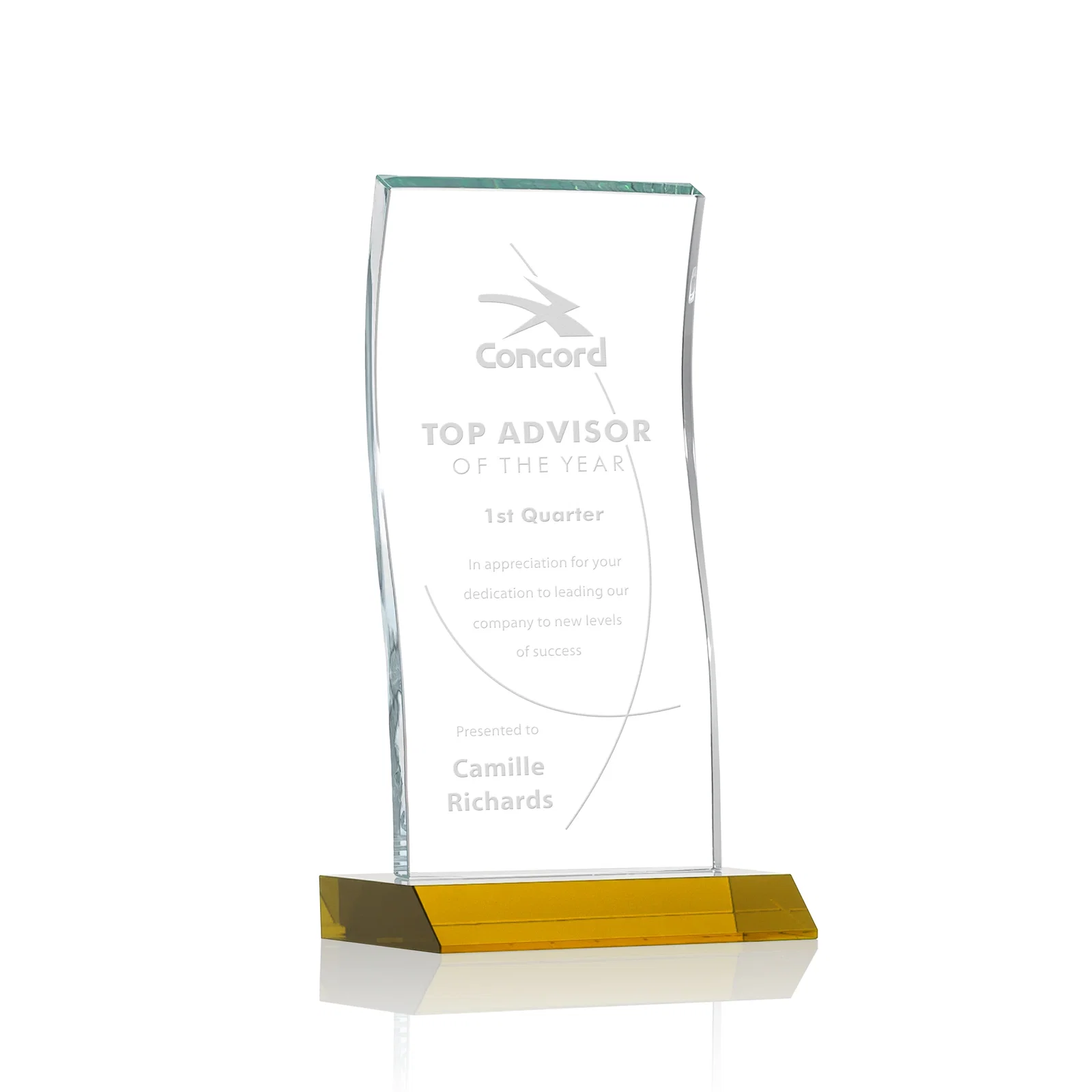 Custom Starfire Crystal Tower Award with Arched Curved Top for team milestone celebrations