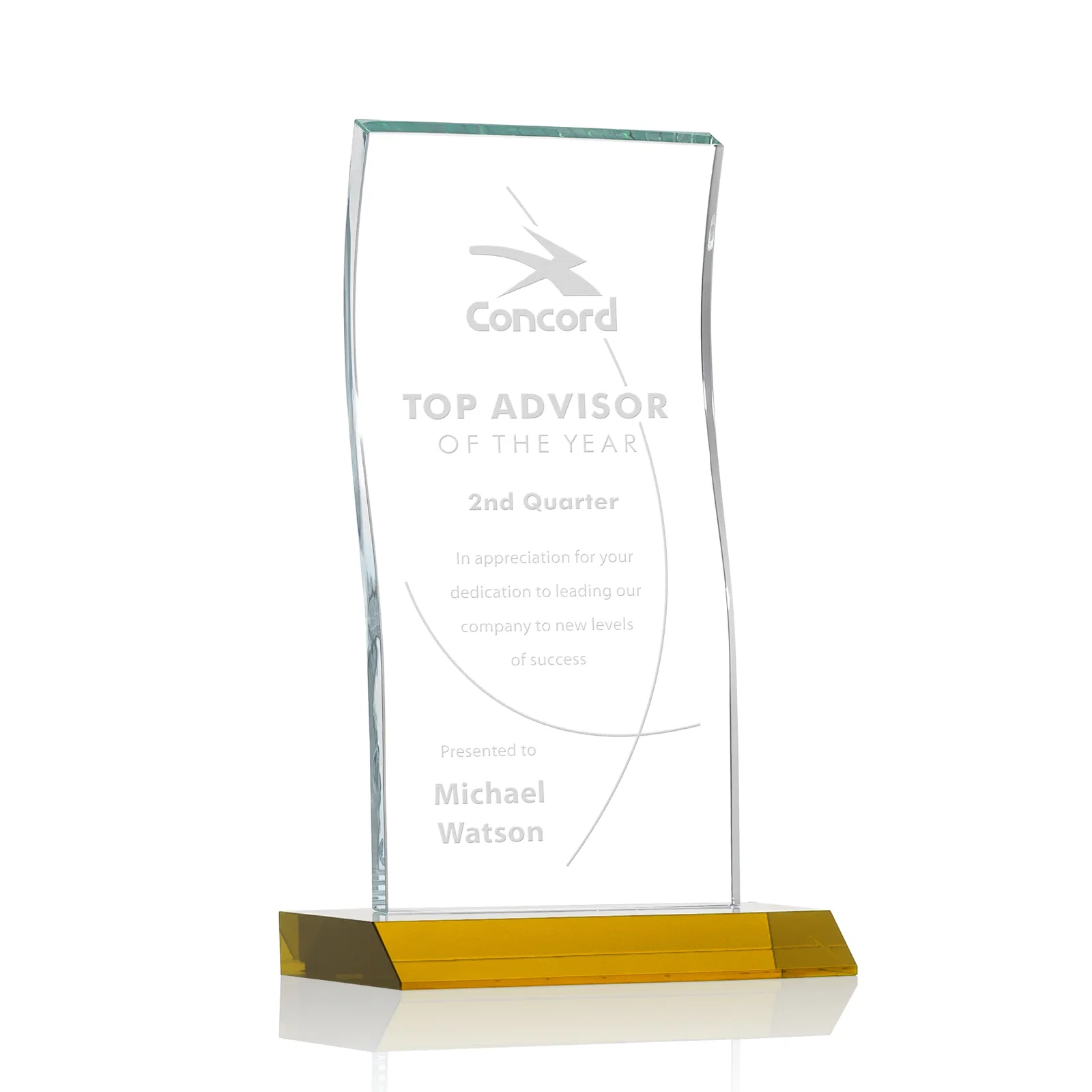 Custom Starfire Crystal Tower Award with Arched Curved Top for donor appreciation