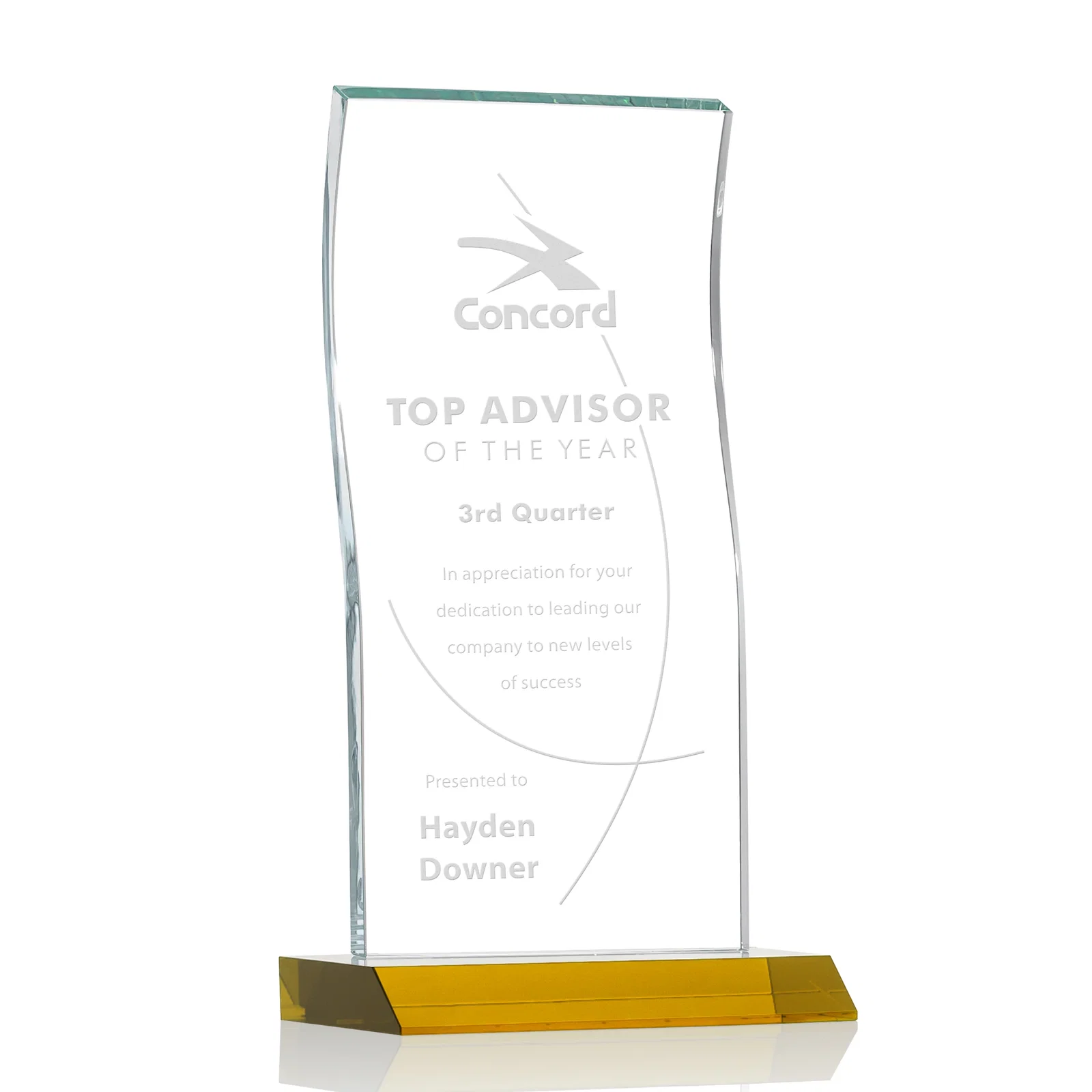 Custom Starfire Crystal Tower Award with Arched Curved Top for graduation ceremonies