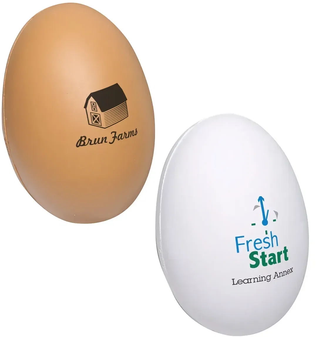 Egg-shaped custom stress reliever front view, branded promotional squeeze toy for logo giveaways