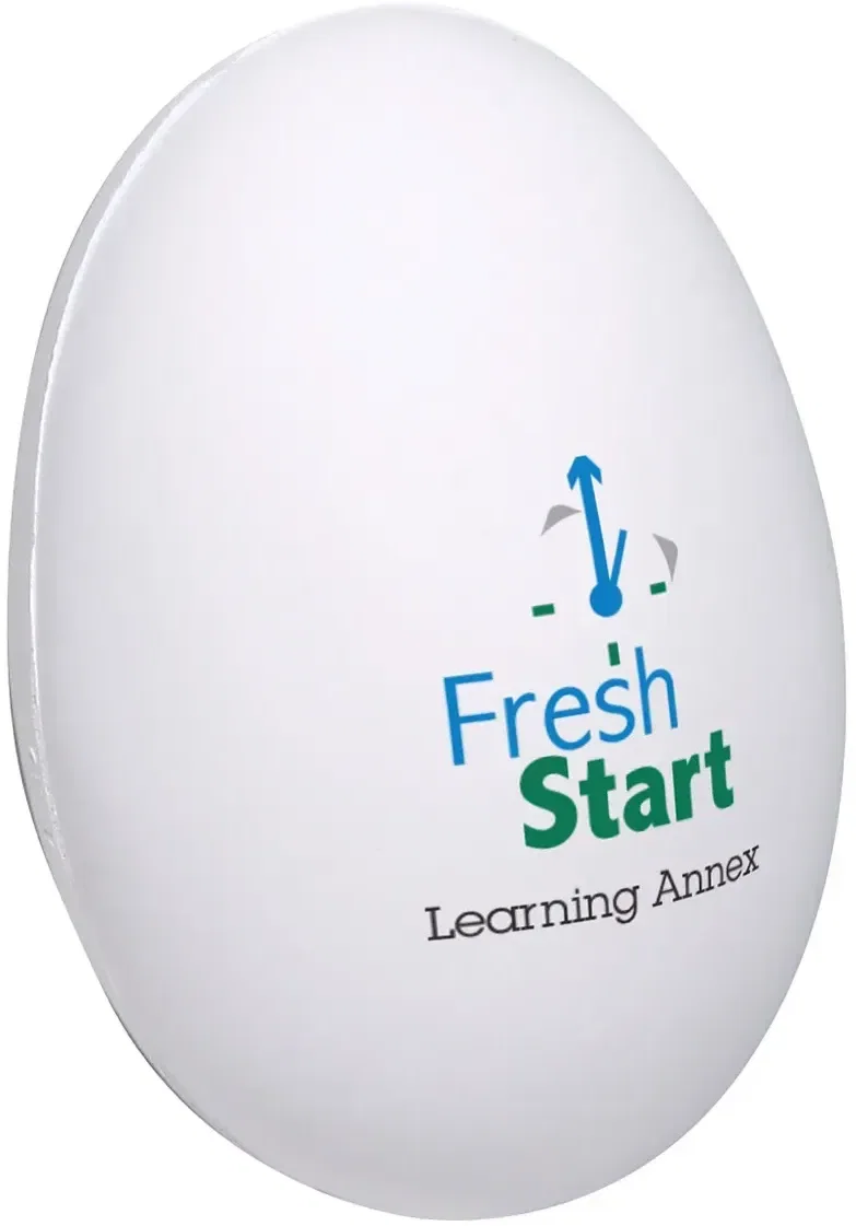 Side profile of the egg custom stress ball showing branded imprint area