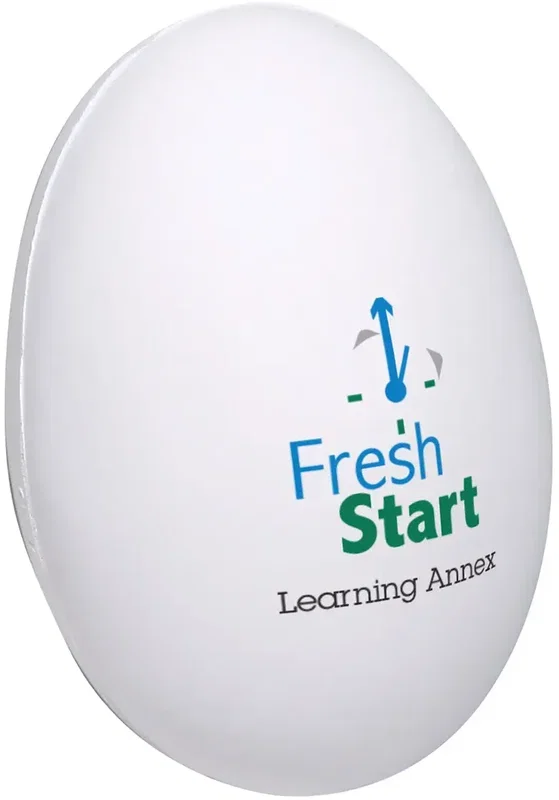 Side profile of the egg custom stress ball showing branded imprint area