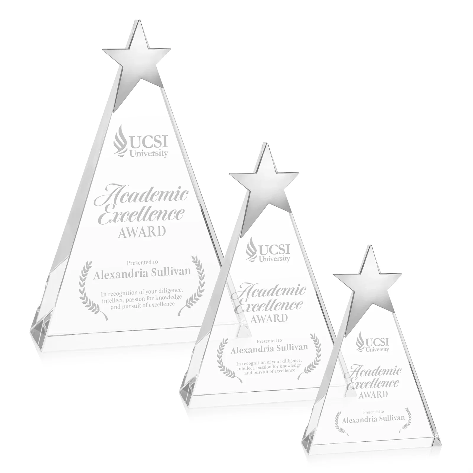 Custom Optical Crystal Triangle Award Crowned with a Chrome Star for employee recognition