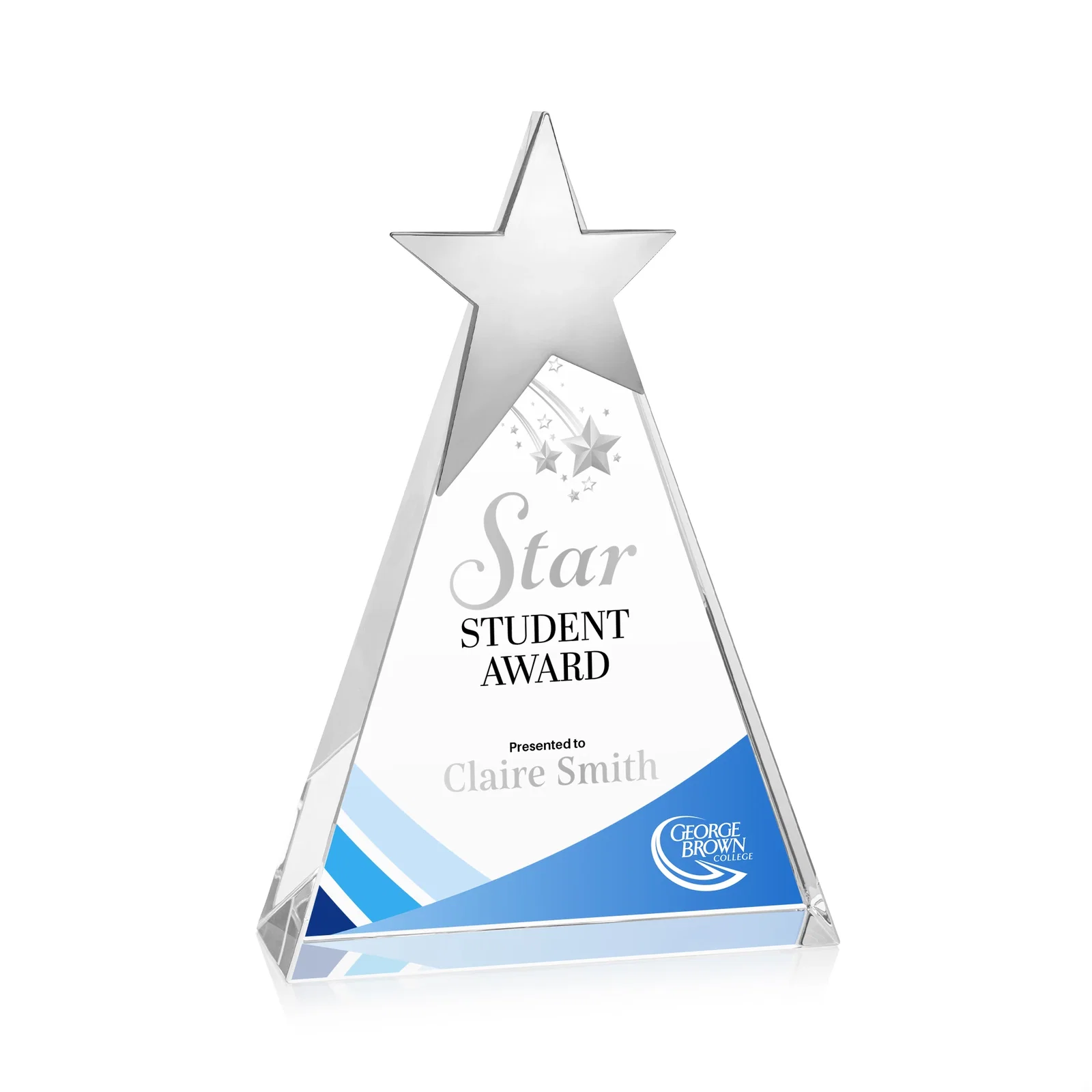 Custom Optical Crystal Triangle Award Crowned with a Chrome Star for company anniversary events