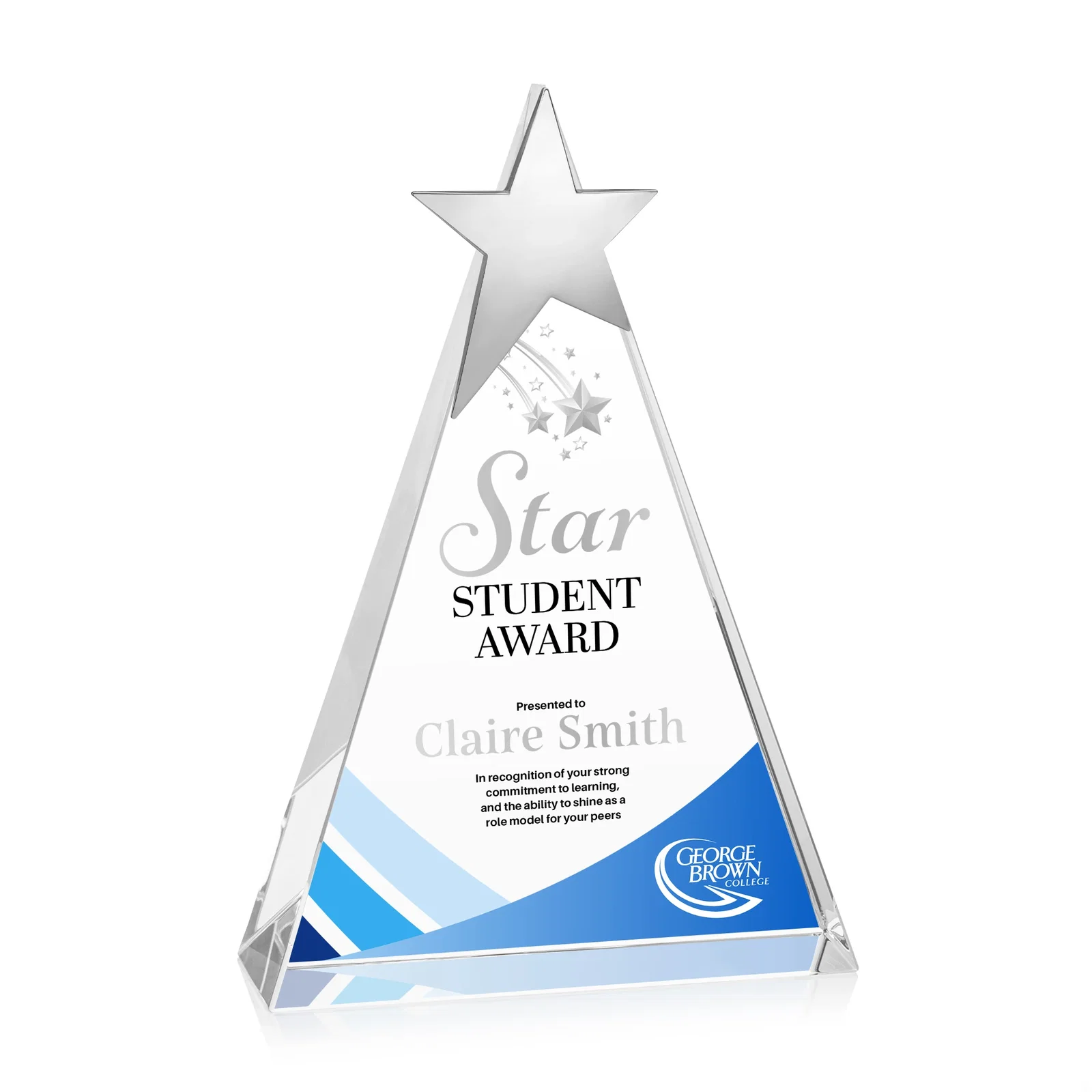 Personalized Optical Crystal Triangle Award Crowned with a Chrome Star for employee recognition