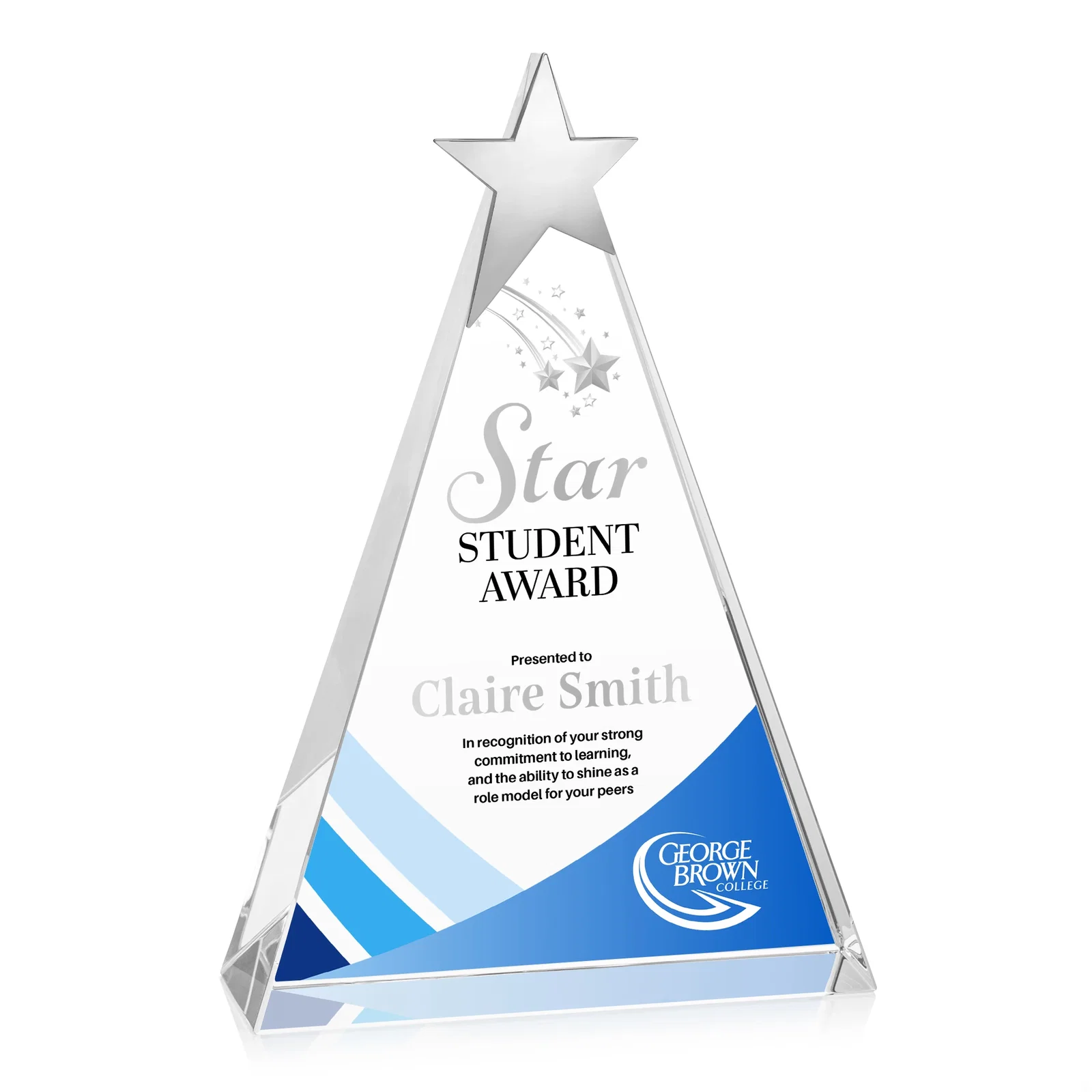 Personalized Optical Crystal Triangle Award Crowned with a Chrome Star for corporate award ceremonies