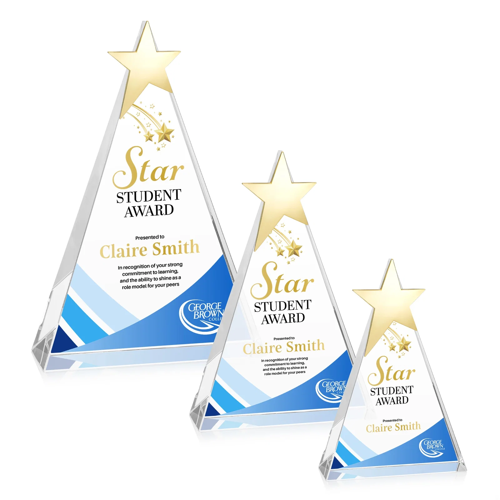 Personalized Optical Crystal Triangle Award Crowned with a Chrome Star for service anniversary gifts