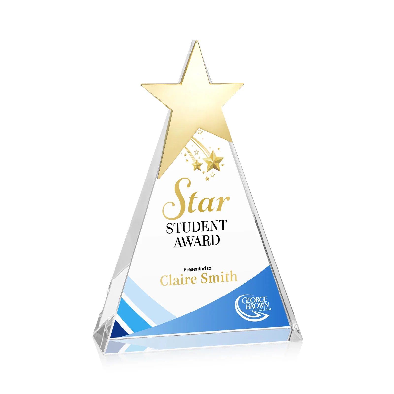 Personalized Optical Crystal Triangle Award Crowned with a Chrome Star for sales achievement awards