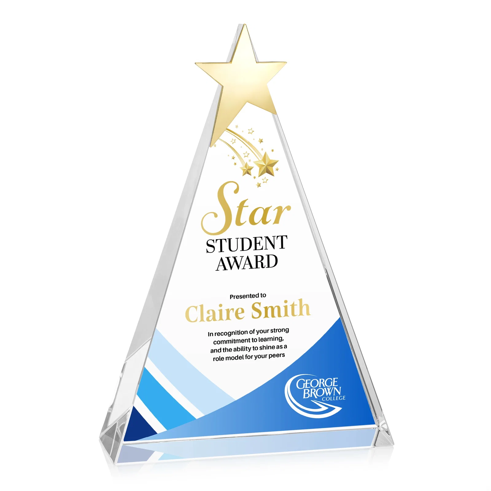 Personalized Optical Crystal Triangle Award Crowned with a Chrome Star for team milestone celebrations