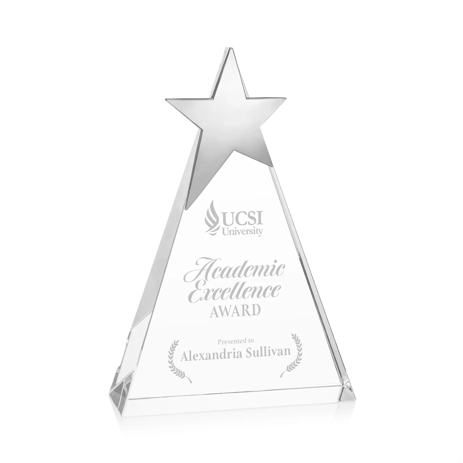 Custom Optical Crystal Triangle Award Crowned with a Chrome Star for corporate award ceremonies
