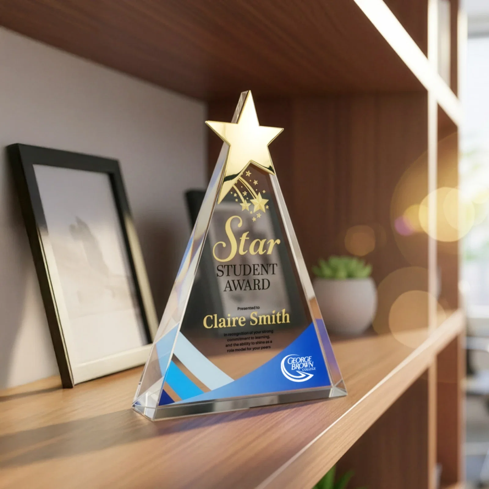 Personalized Optical Crystal Triangle Award Crowned with a Chrome Star for donor appreciation