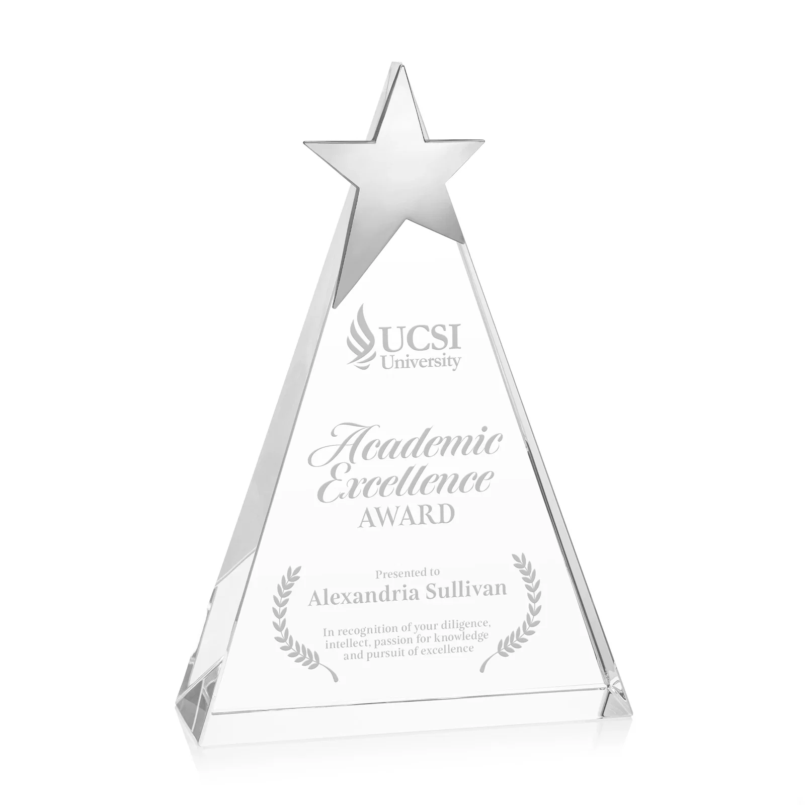Custom Optical Crystal Triangle Award Crowned with a Chrome Star for service anniversary gifts