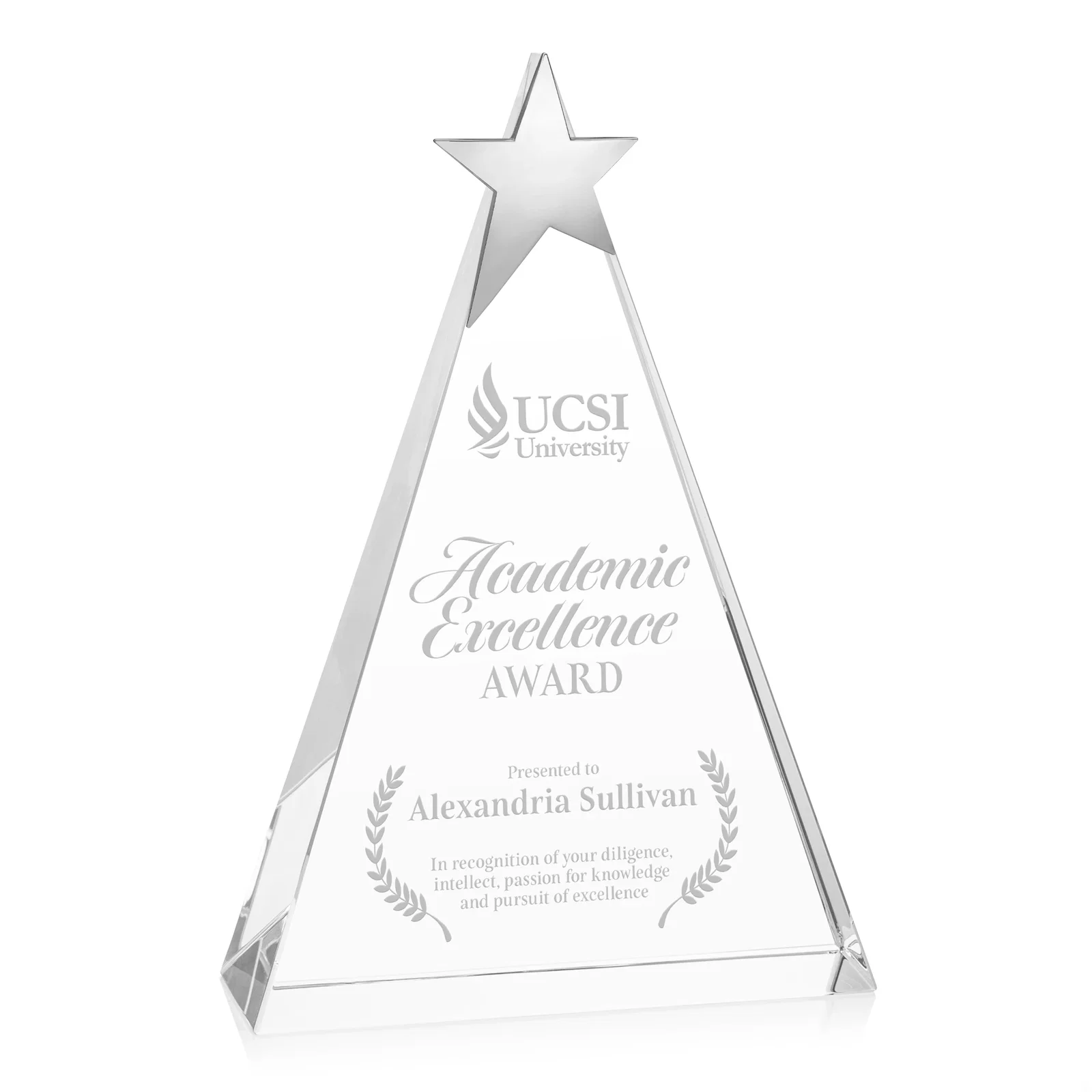 Custom Optical Crystal Triangle Award Crowned with a Chrome Star for sales achievement awards