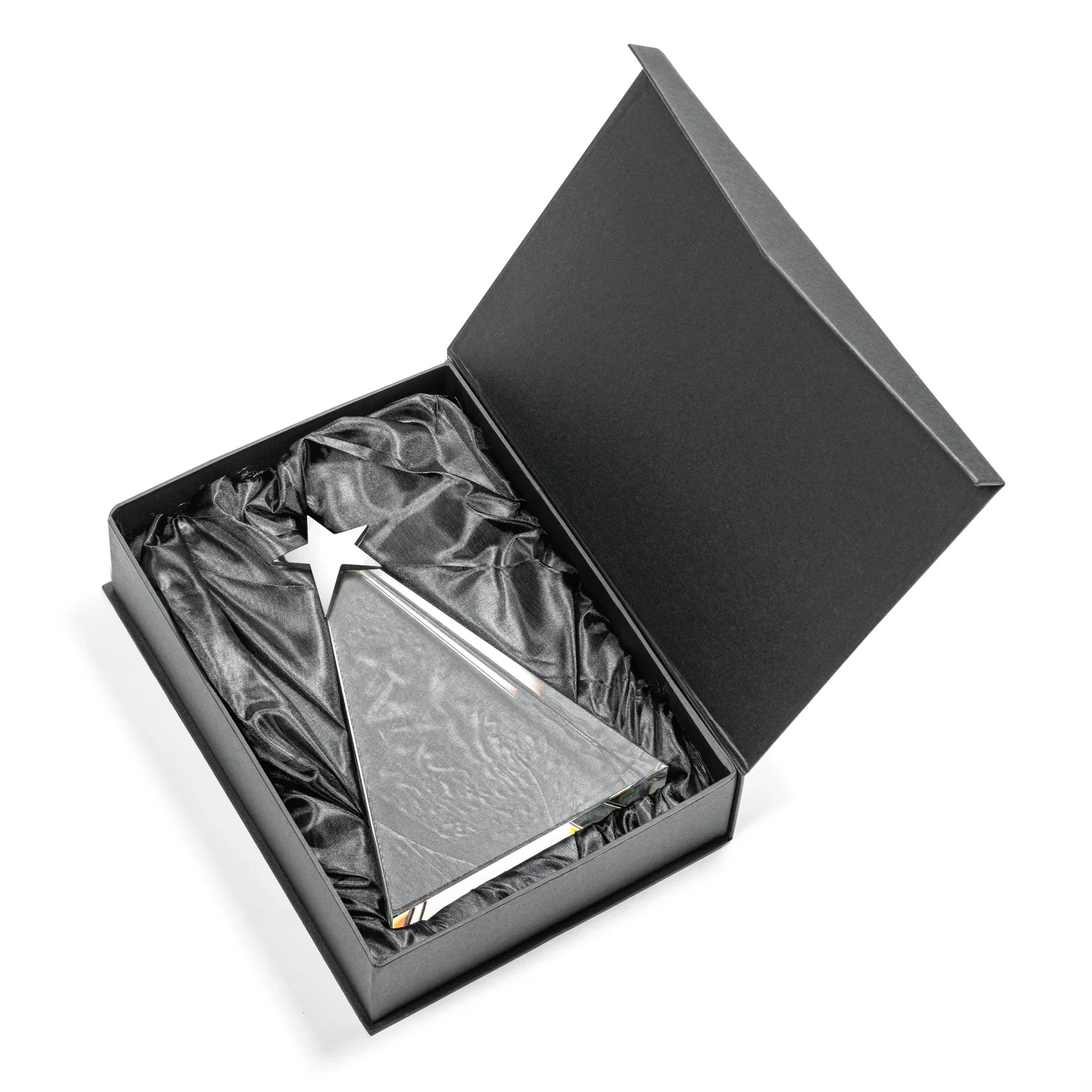 Custom Optical Crystal Triangle Award Crowned with a Chrome Star for retirement presentations